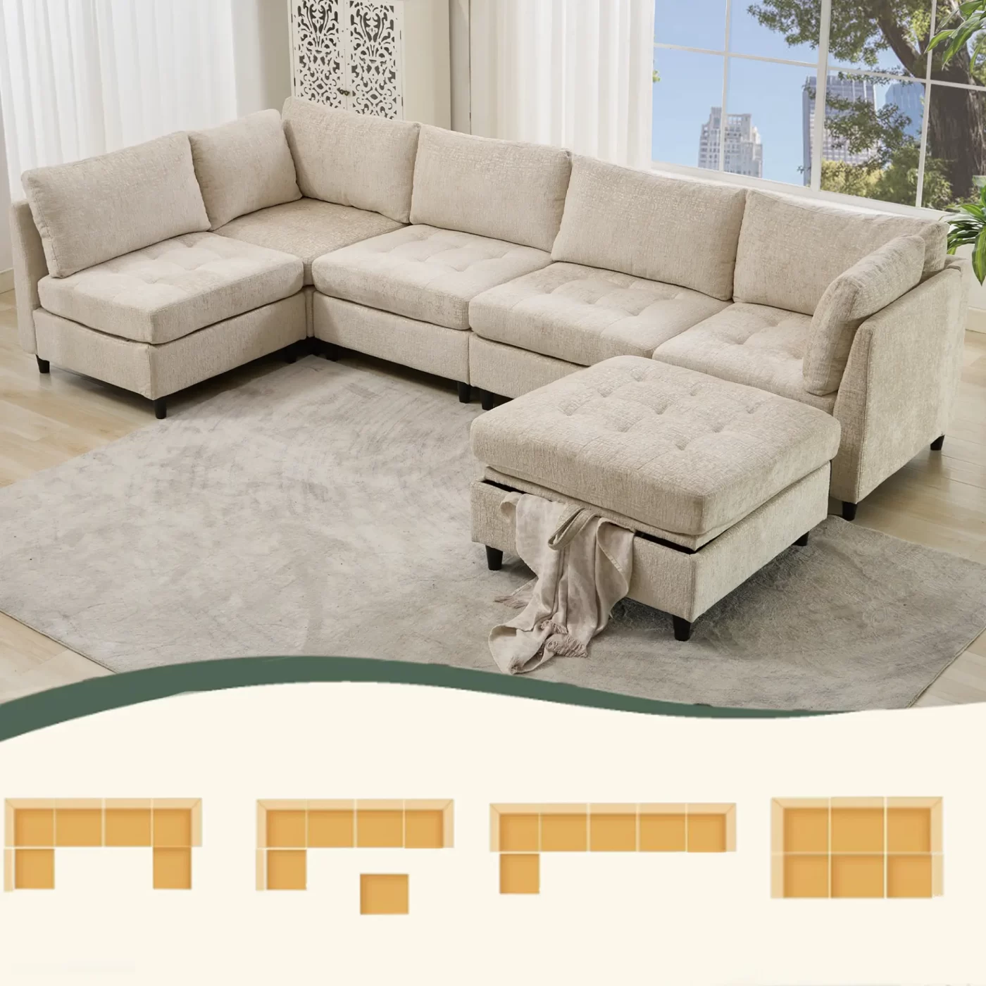 Modular Sectional Couch with Storage Ottoman, U Shaped Sofa, Storage Ottoman,Minimalist ,Convertible Modular Sofa,Chenille ,Upholstered,6 Seat,Living Room, Beige