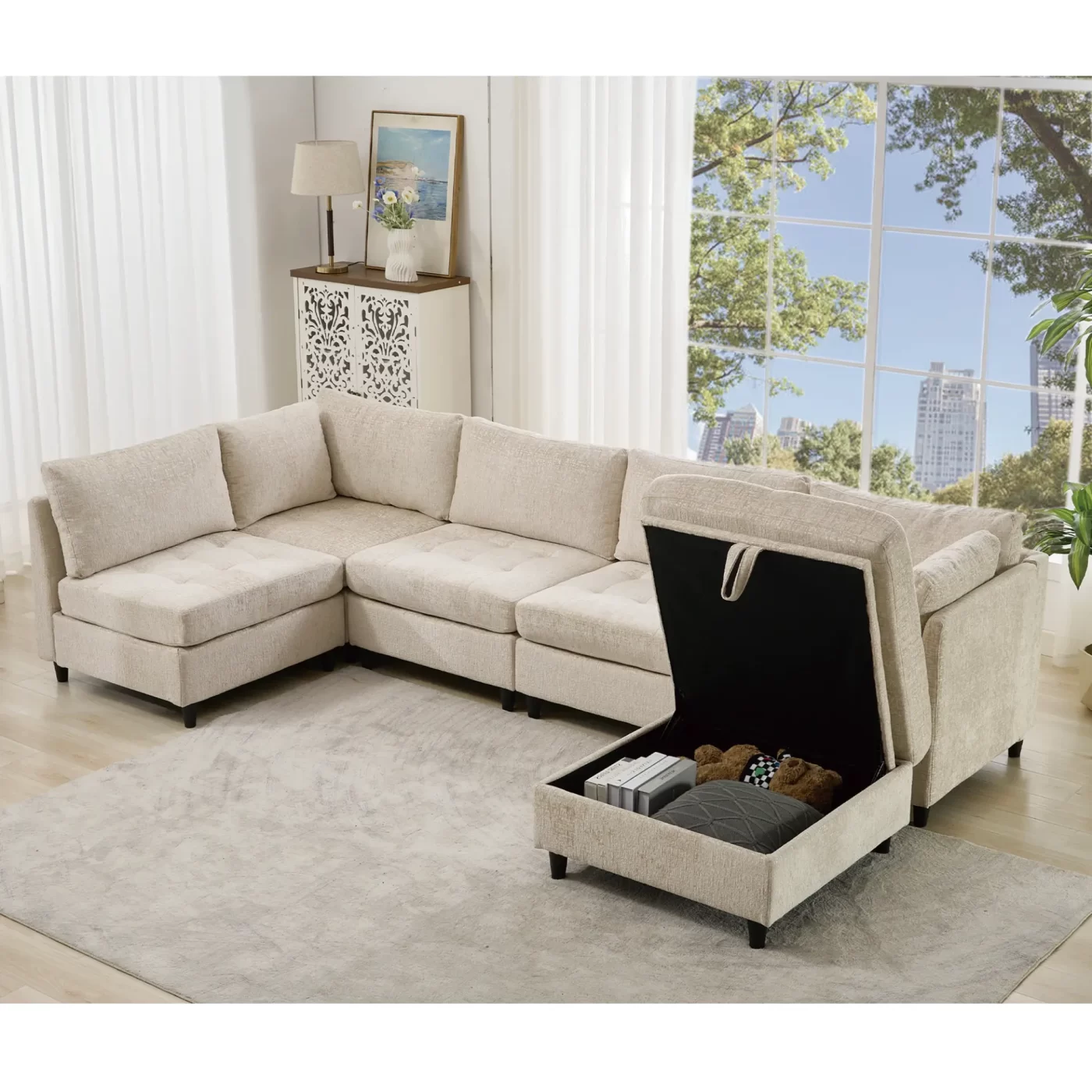 Modular Sectional Couch with Storage Ottoman, U Shaped Sofa, Storage Ottoman,Minimalist ,Convertible Modular Sofa,Chenille ,Upholstered,6 Seat,Living Room, Beige
