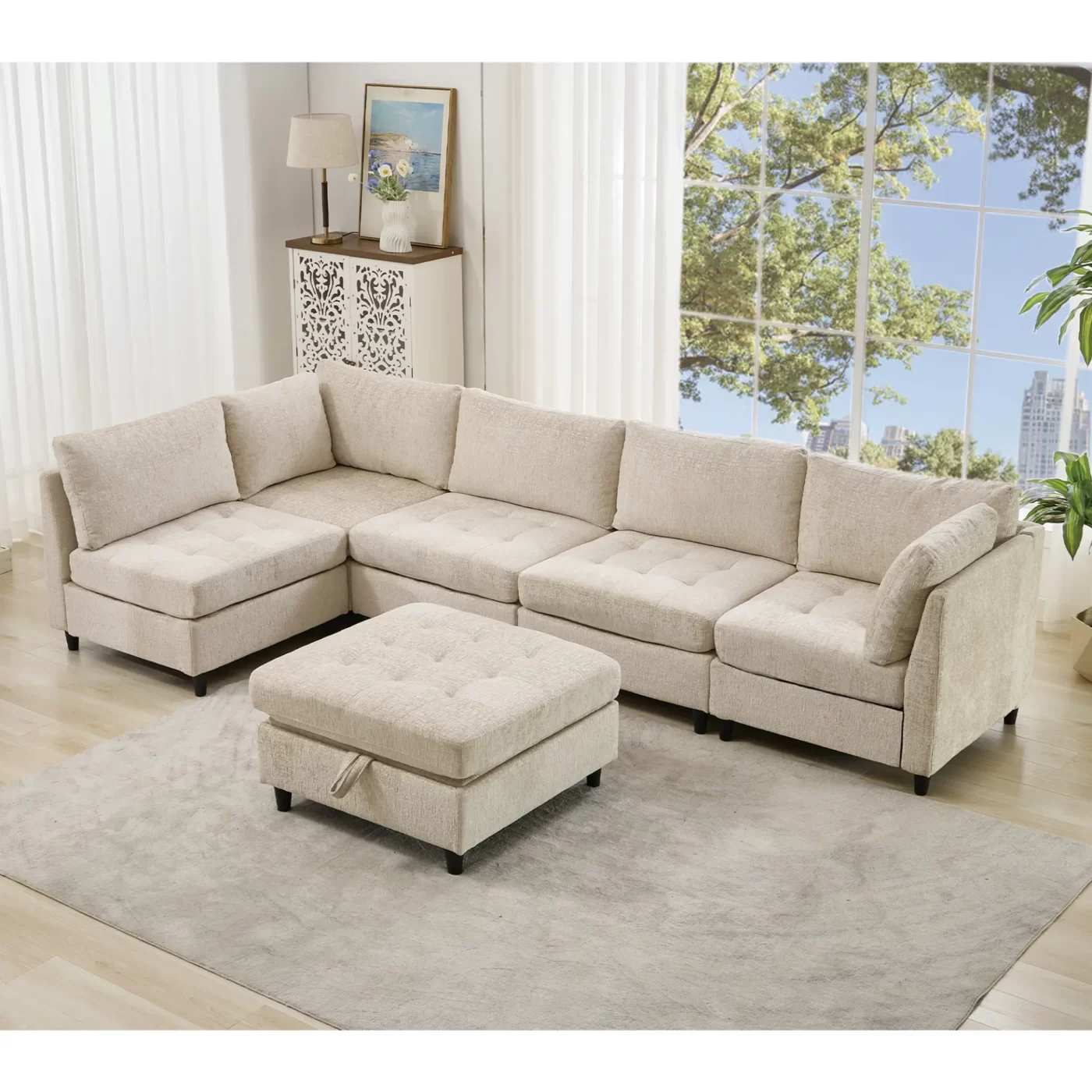 Modular Sectional Couch with Storage Ottoman, U Shaped Sofa, Storage Ottoman,Minimalist ,Convertible Modular Sofa,Chenille ,Upholstered,6 Seat,Living Room, Beige