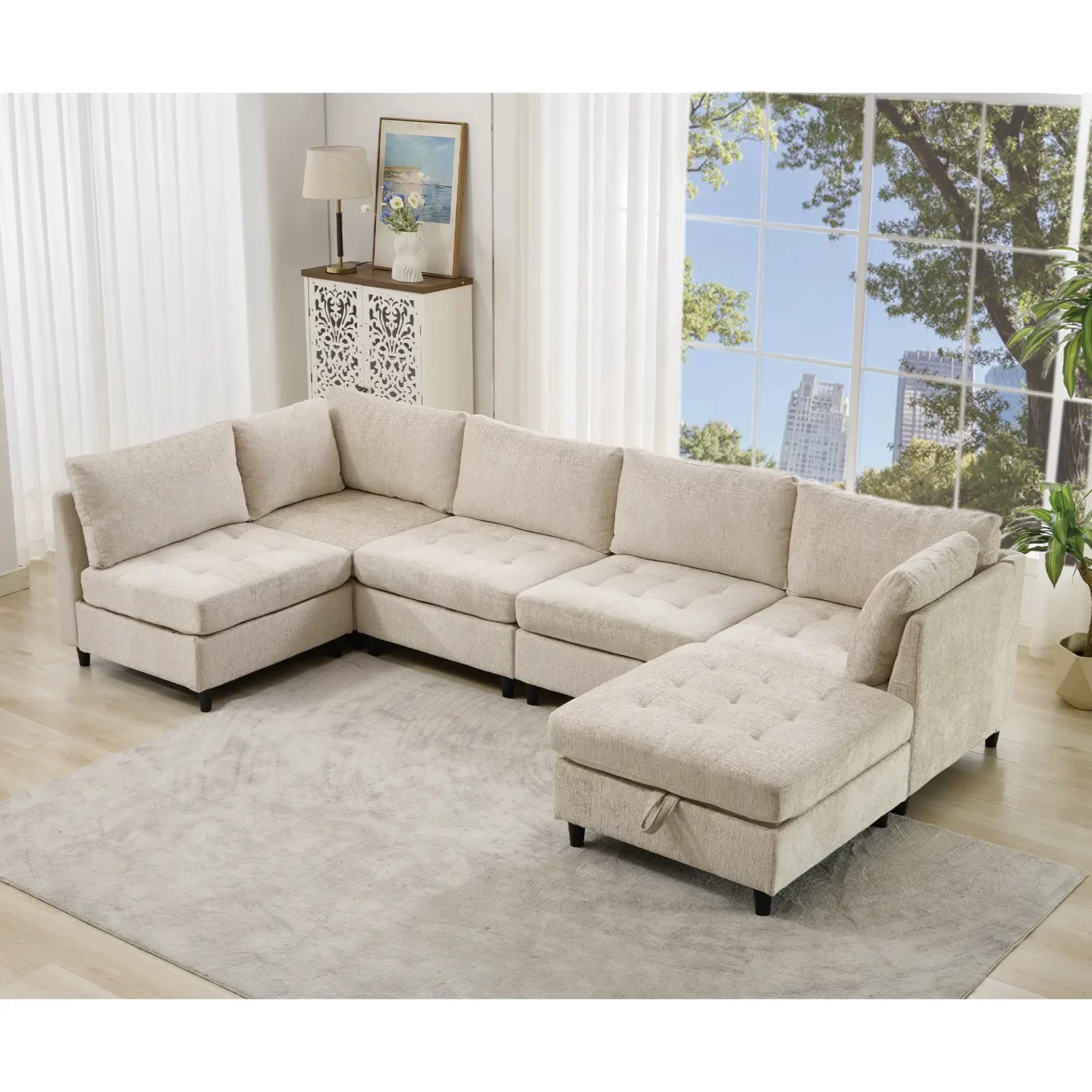 Modular Sectional Couch with Storage Ottoman, U Shaped Sofa, Storage Ottoman,Minimalist ,Convertible Modular Sofa,Chenille ,Upholstered,6 Seat,Living Room, Beige