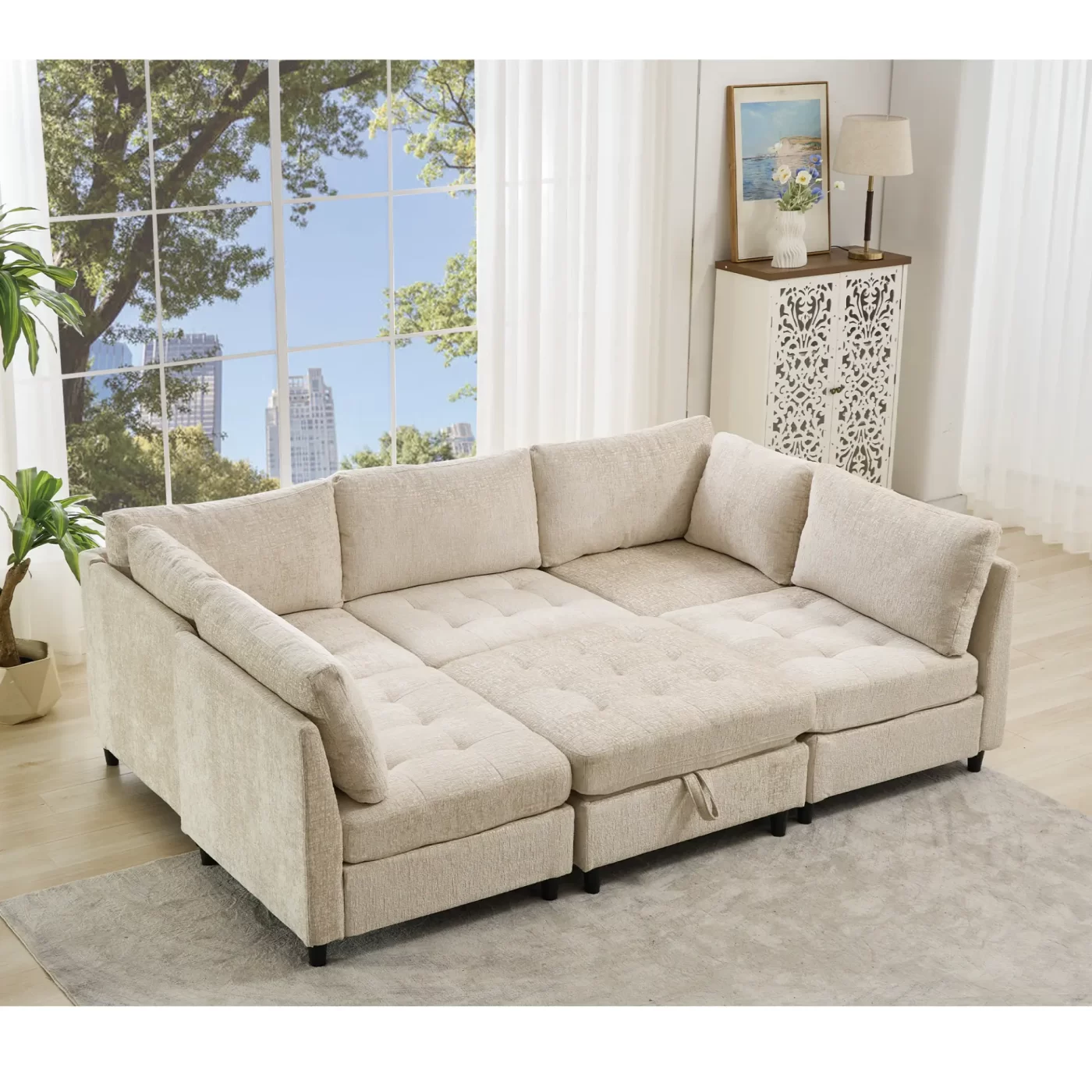 Modular Sectional Couch with Storage Ottoman, U Shaped Sofa, Storage Ottoman,Minimalist ,Convertible Modular Sofa,Chenille ,Upholstered,6 Seat,Living Room, Beige