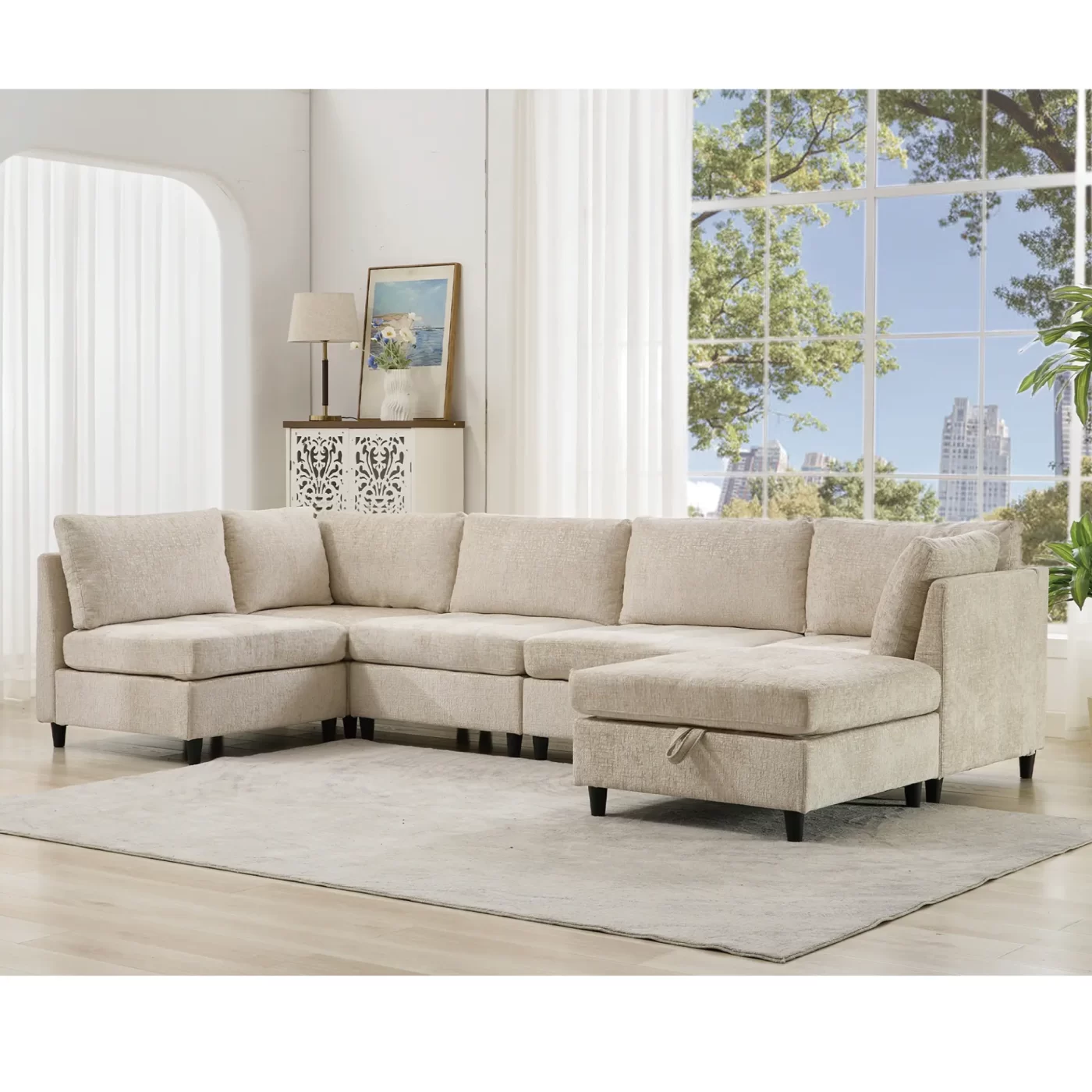 Modular Sectional Couch with Storage Ottoman, U Shaped Sofa, Storage Ottoman,Minimalist ,Convertible Modular Sofa,Chenille ,Upholstered,6 Seat,Living Room, Beige