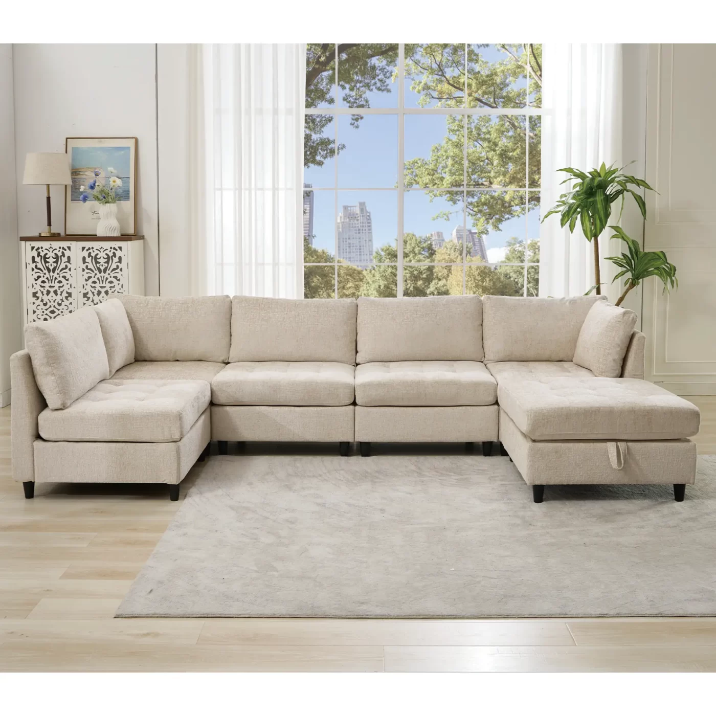 Modular Sectional Couch with Storage Ottoman, U Shaped Sofa, Storage Ottoman,Minimalist ,Convertible Modular Sofa,Chenille ,Upholstered,6 Seat,Living Room, Beige