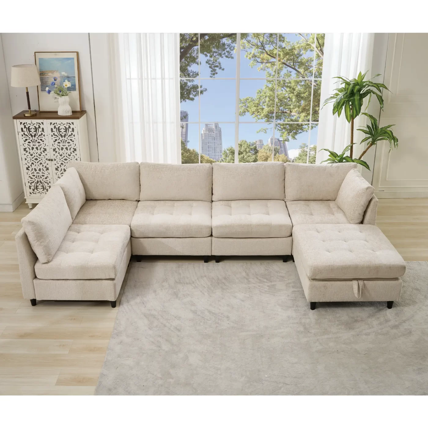 Modular Sectional Couch with Storage Ottoman, U Shaped Sofa, Storage Ottoman,Minimalist ,Convertible Modular Sofa,Chenille ,Upholstered,6 Seat,Living Room, Beige