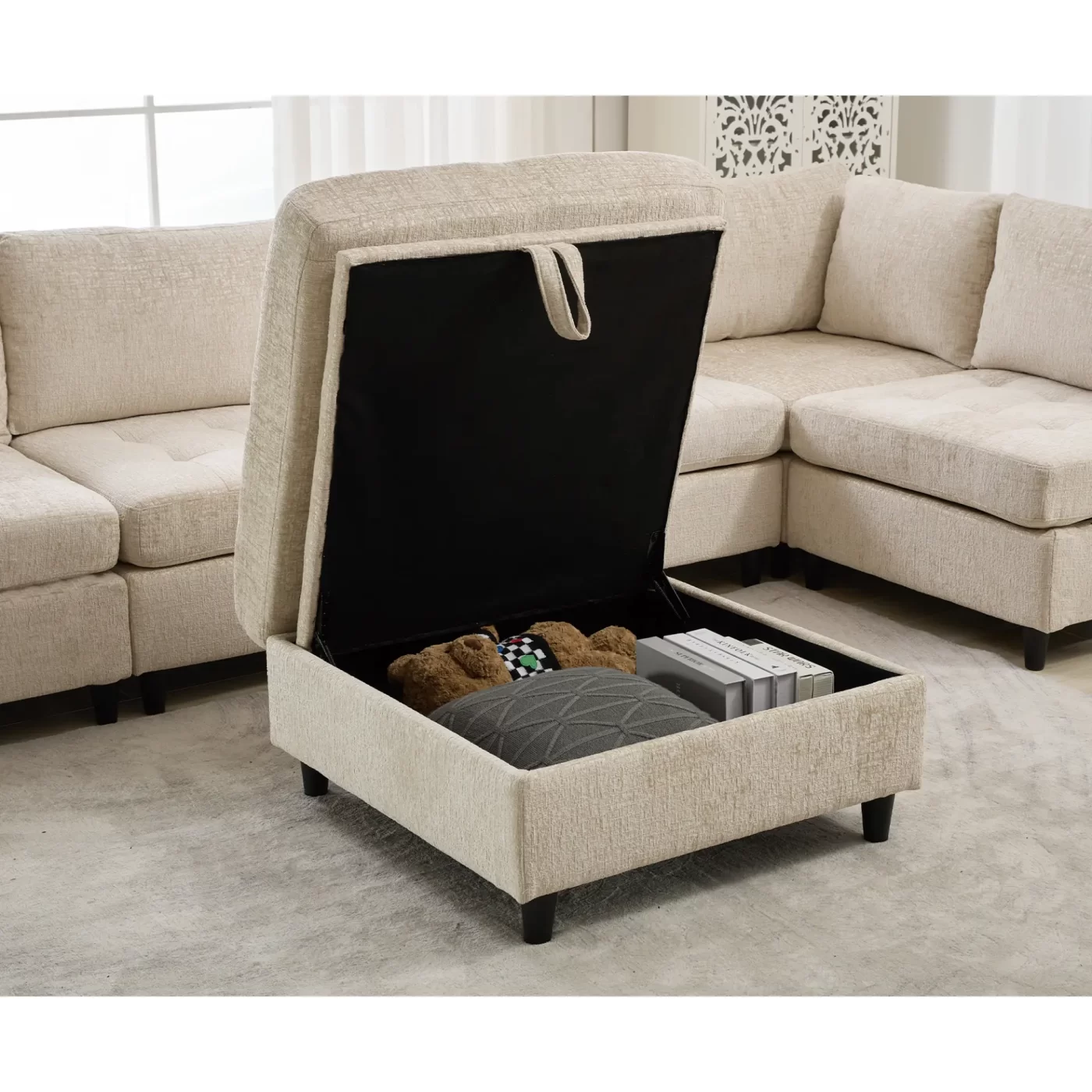 Modular Sectional Couch with Storage Ottoman, U Shaped Sofa, Storage Ottoman,Minimalist ,Convertible Modular Sofa,Chenille ,Upholstered,6 Seat,Living Room, Beige