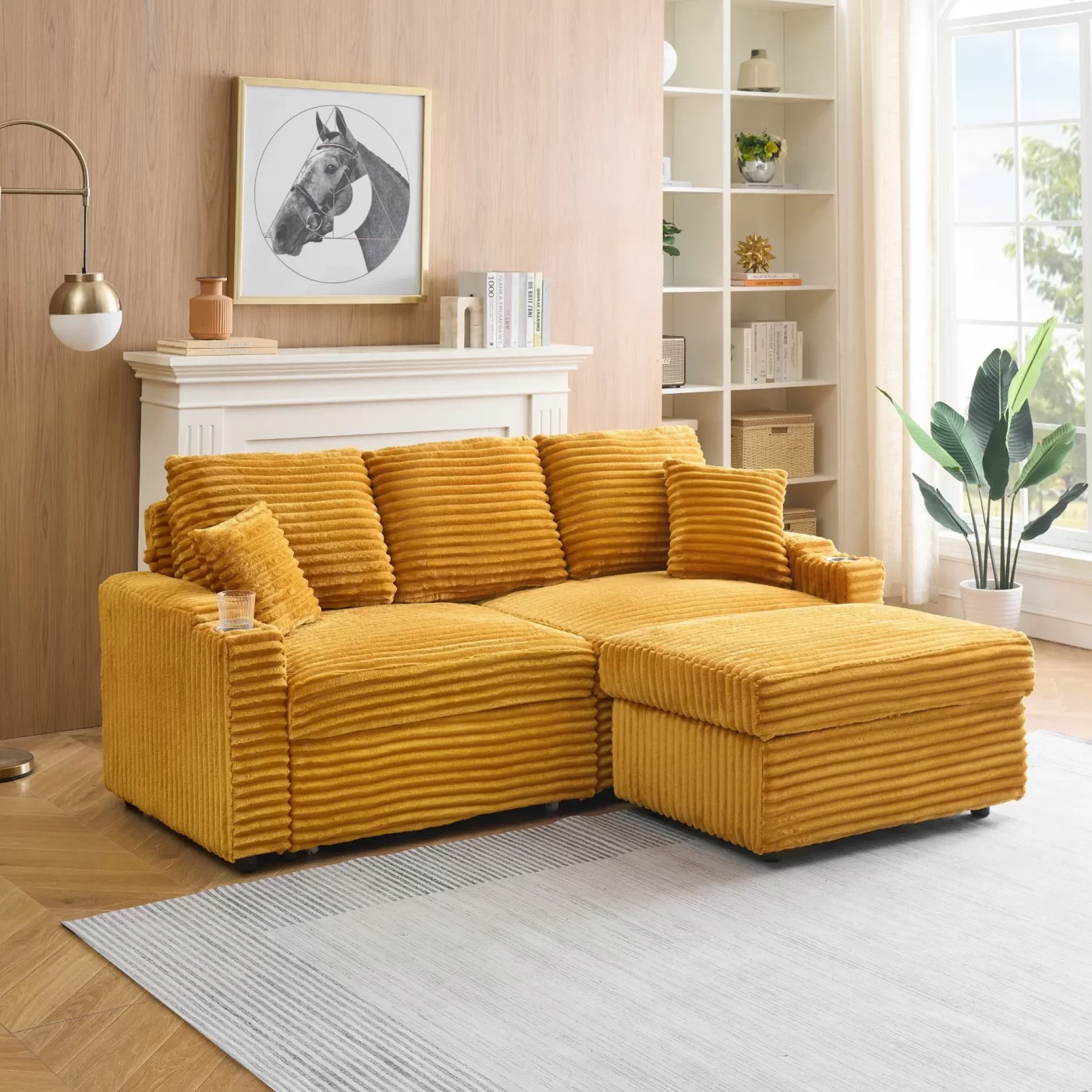An 80-inch foldable and hidden chaise longue orange corduroy sofa with cup holders on the armrests, a footrest and storage function, which is suitable for the bedroom and living room.