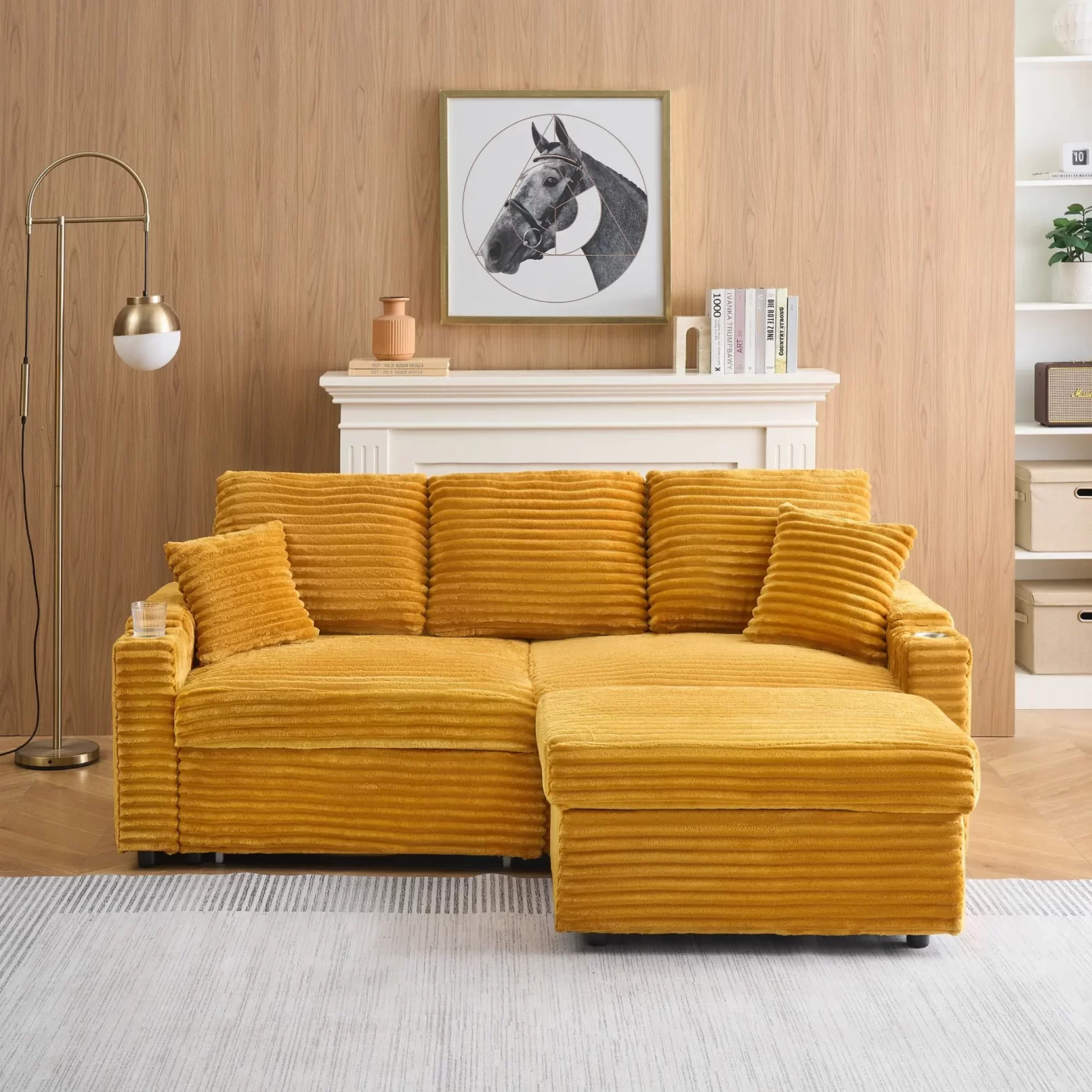 An 80-inch foldable and hidden chaise longue orange corduroy sofa with cup holders on the armrests, a footrest and storage function, which is suitable for the bedroom and living room.