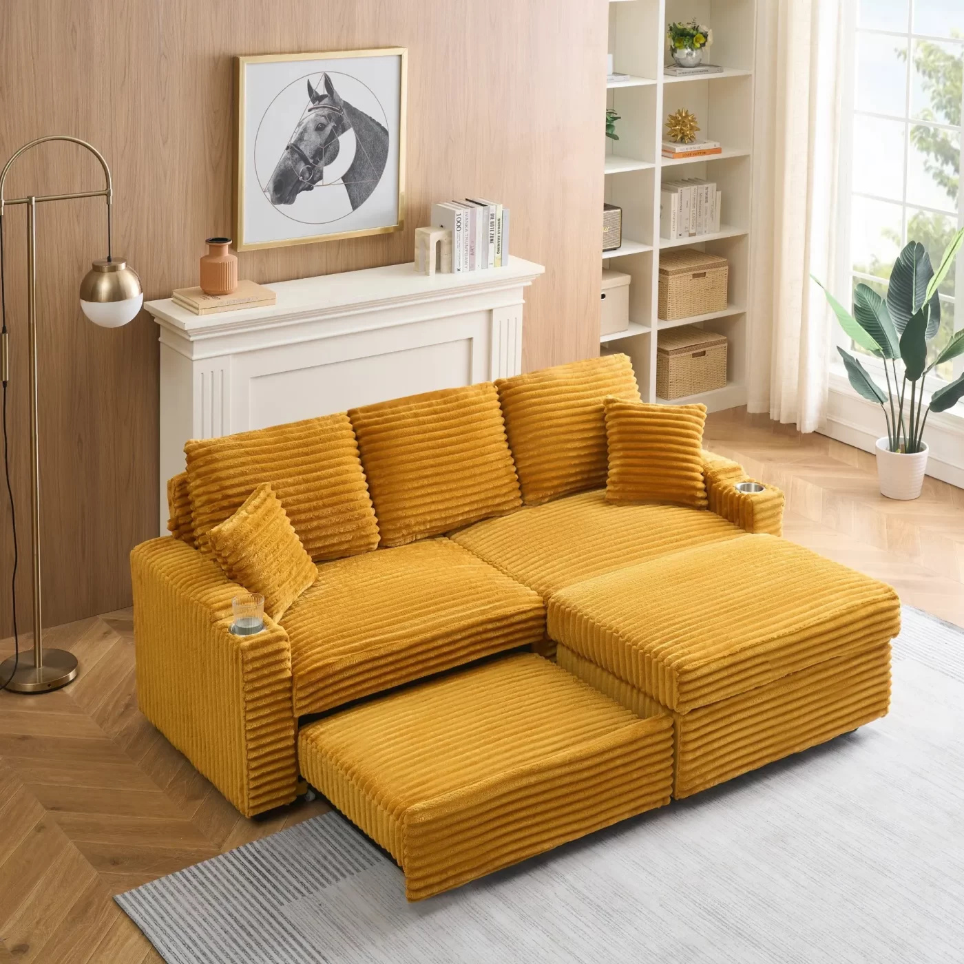 An 80-inch foldable and hidden chaise longue orange corduroy sofa with cup holders on the armrests, a footrest and storage function, which is suitable for the bedroom and living room.
