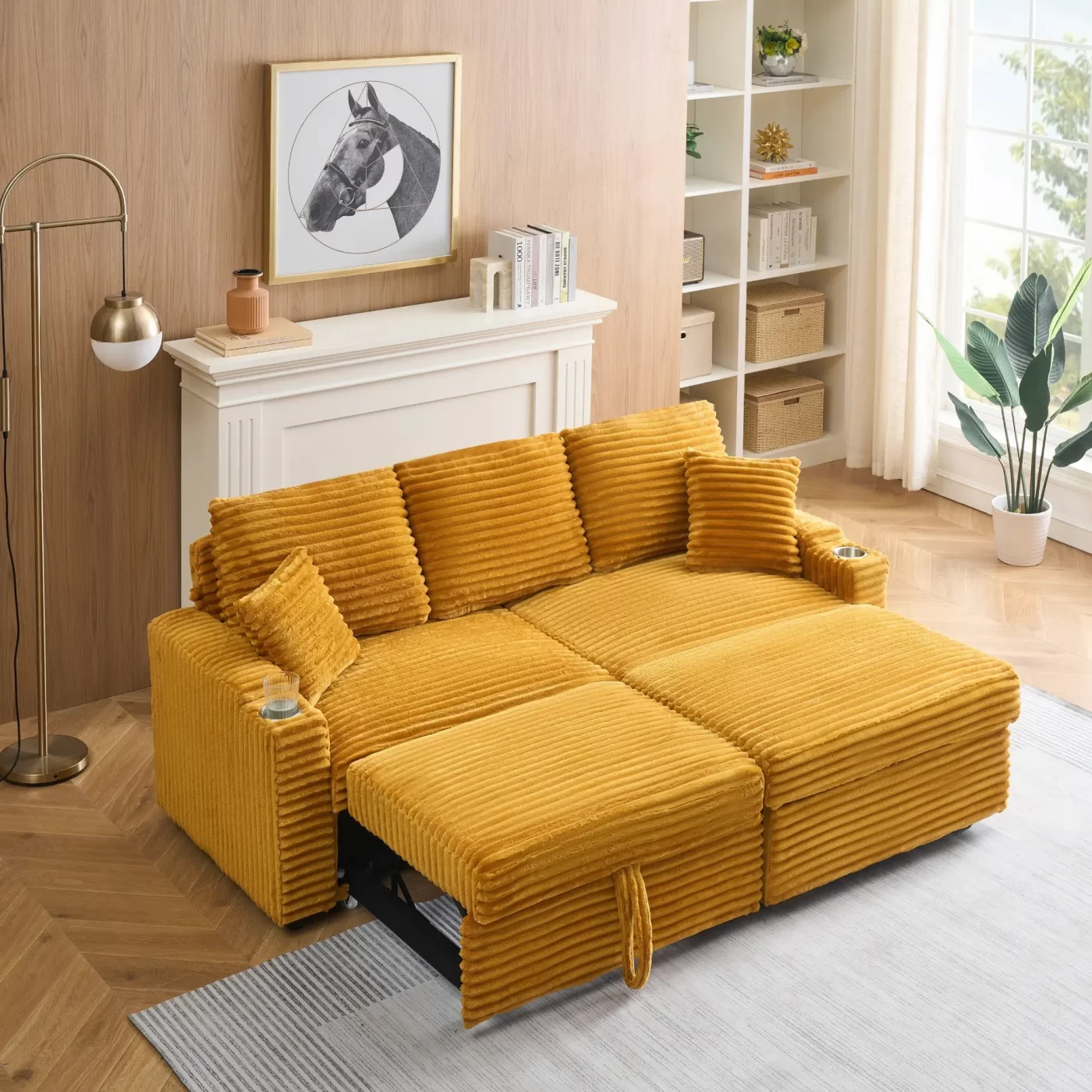 An 80-inch foldable and hidden chaise longue orange corduroy sofa with cup holders on the armrests, a footrest and storage function, which is suitable for the bedroom and living room.