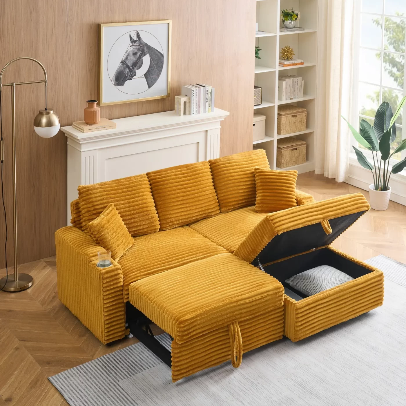 An 80-inch foldable and hidden chaise longue orange corduroy sofa with cup holders on the armrests, a footrest and storage function, which is suitable for the bedroom and living room.