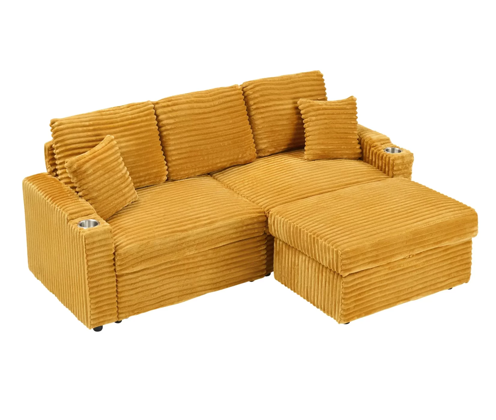 An 80-inch foldable and hidden chaise longue orange corduroy sofa with cup holders on the armrests, a footrest and storage function, which is suitable for the bedroom and living room.