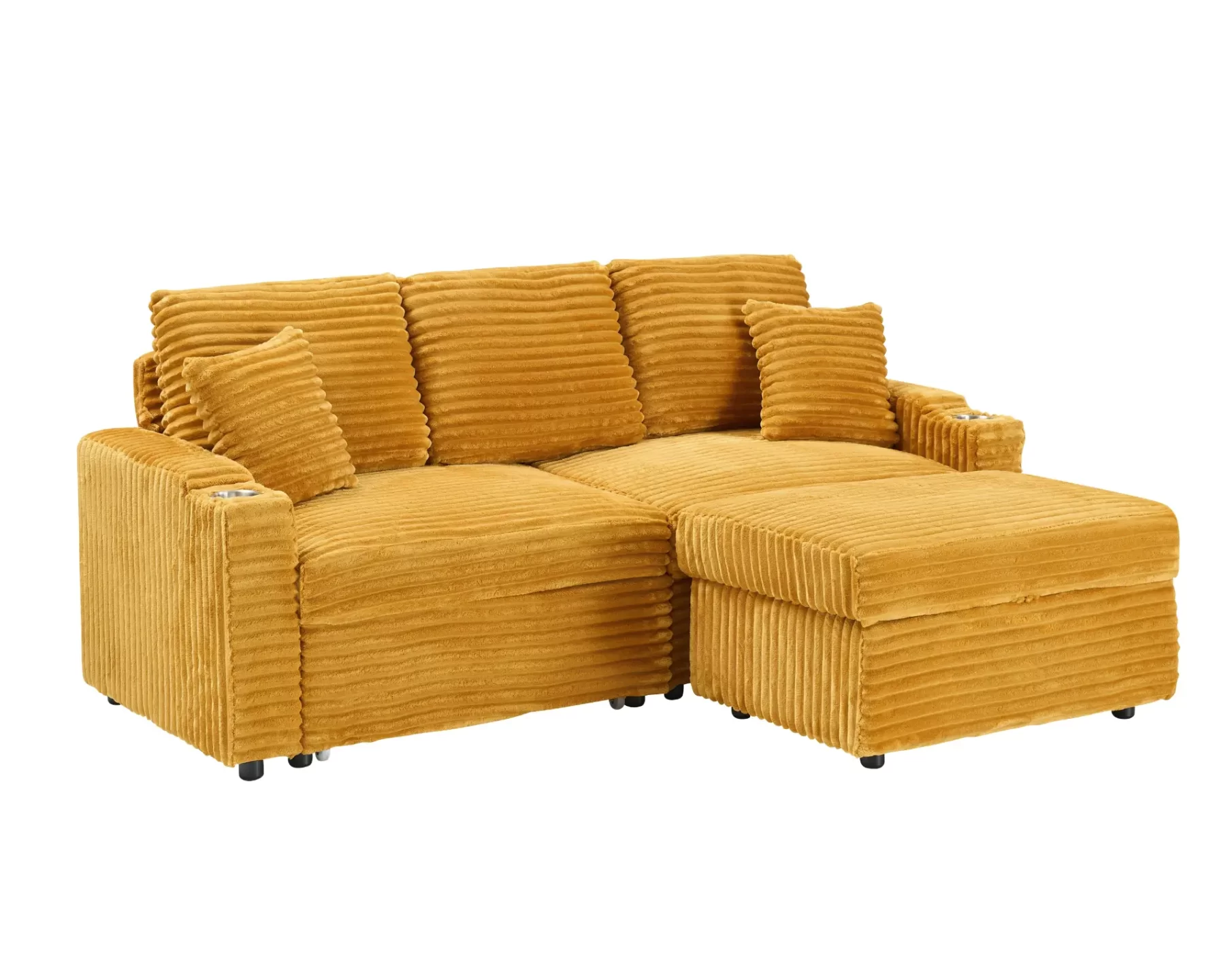 An 80-inch foldable and hidden chaise longue orange corduroy sofa with cup holders on the armrests, a footrest and storage function, which is suitable for the bedroom and living room.