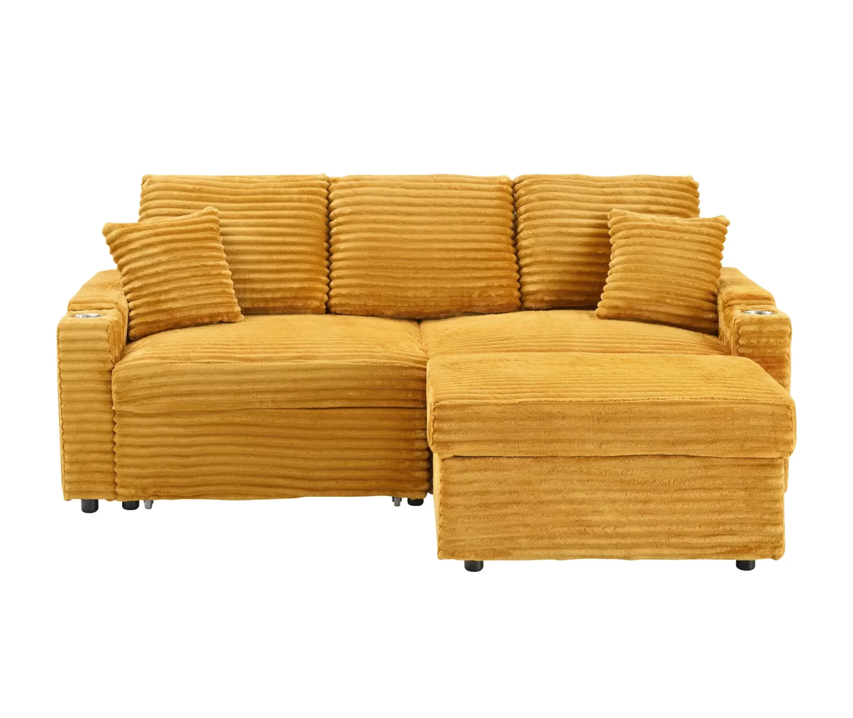 An 80-inch foldable and hidden chaise longue orange corduroy sofa with cup holders on the armrests, a footrest and storage function, which is suitable for the bedroom and living room.