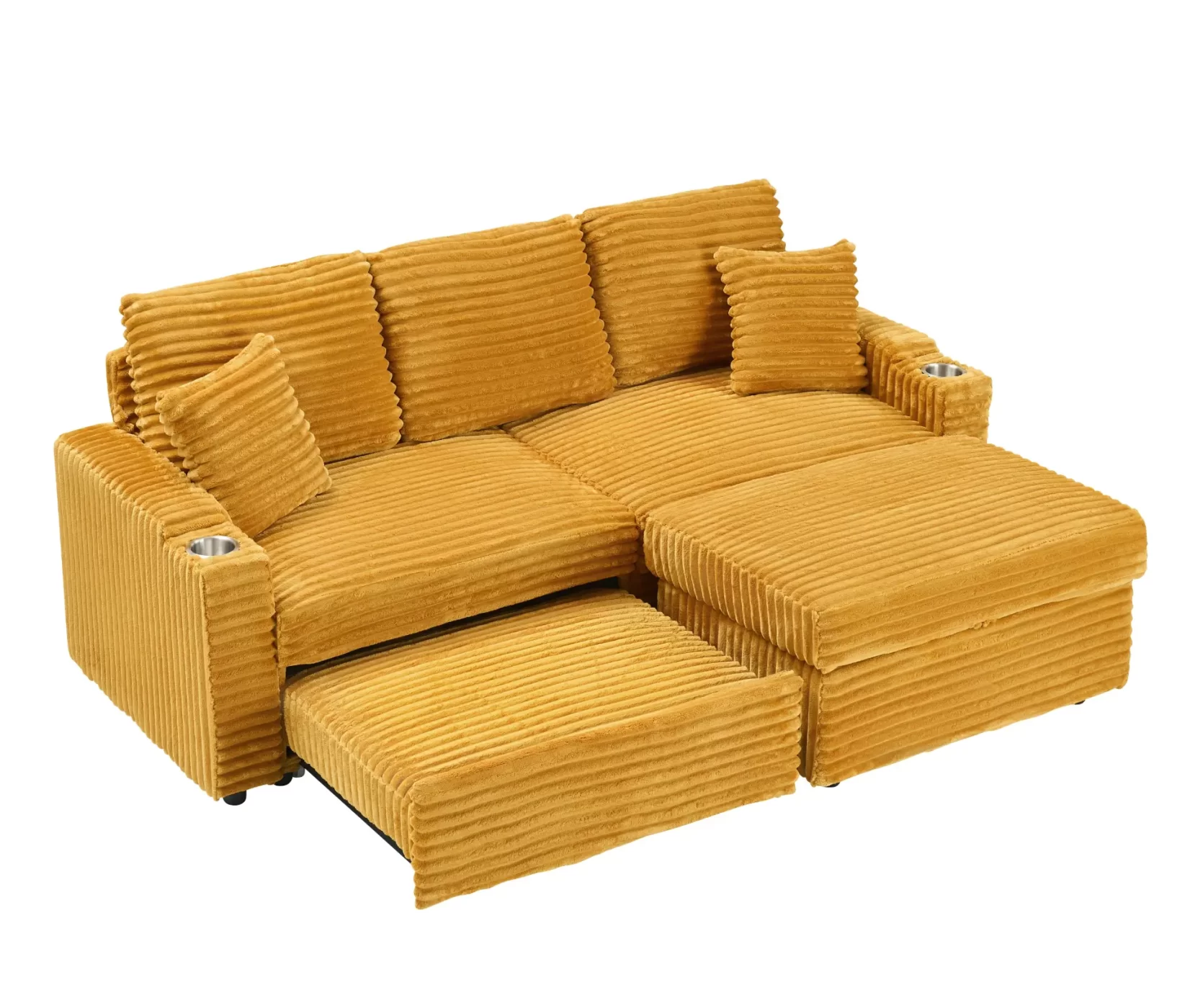 An 80-inch foldable and hidden chaise longue orange corduroy sofa with cup holders on the armrests, a footrest and storage function, which is suitable for the bedroom and living room.