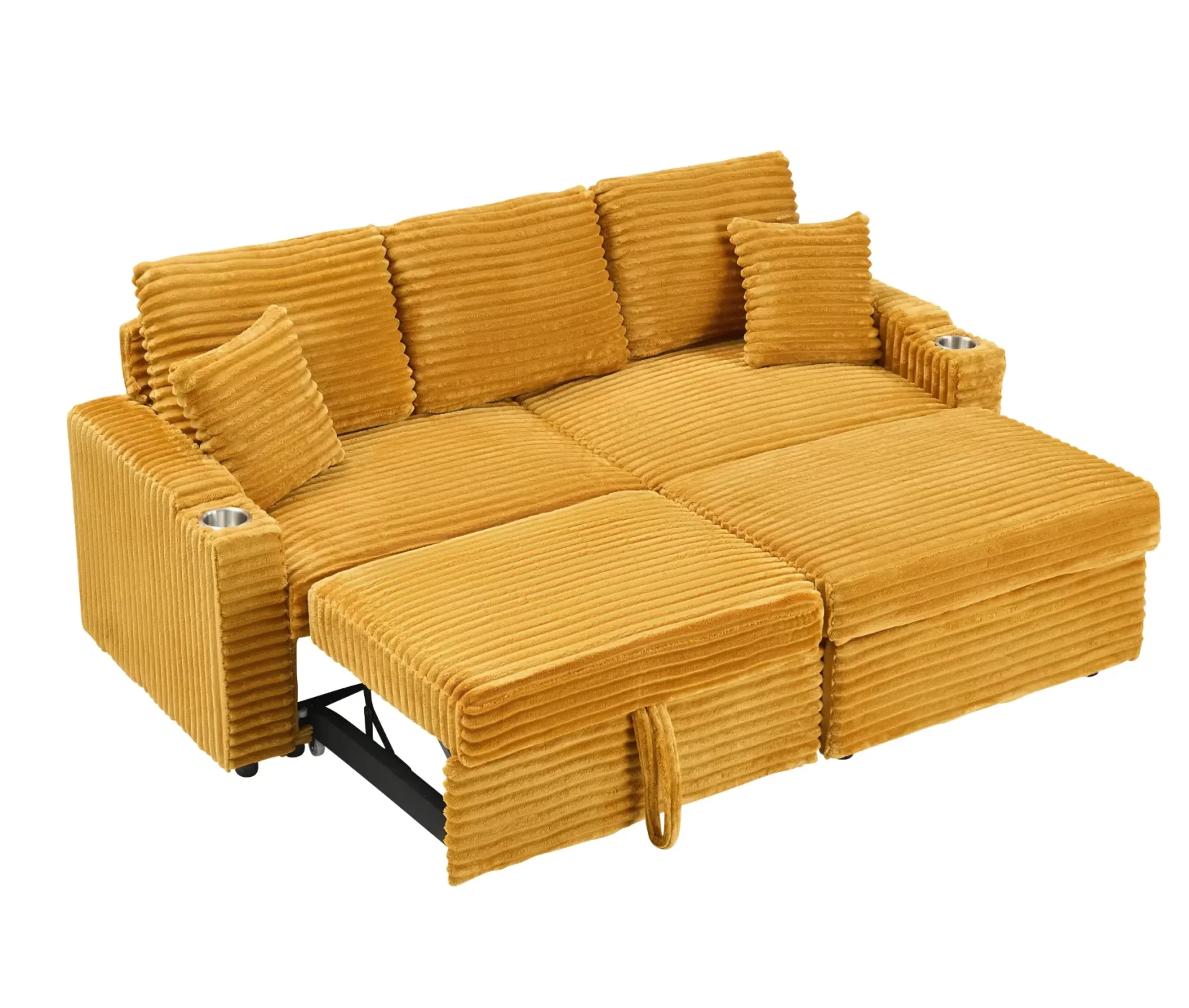 An 80-inch foldable and hidden chaise longue orange corduroy sofa with cup holders on the armrests, a footrest and storage function, which is suitable for the bedroom and living room.