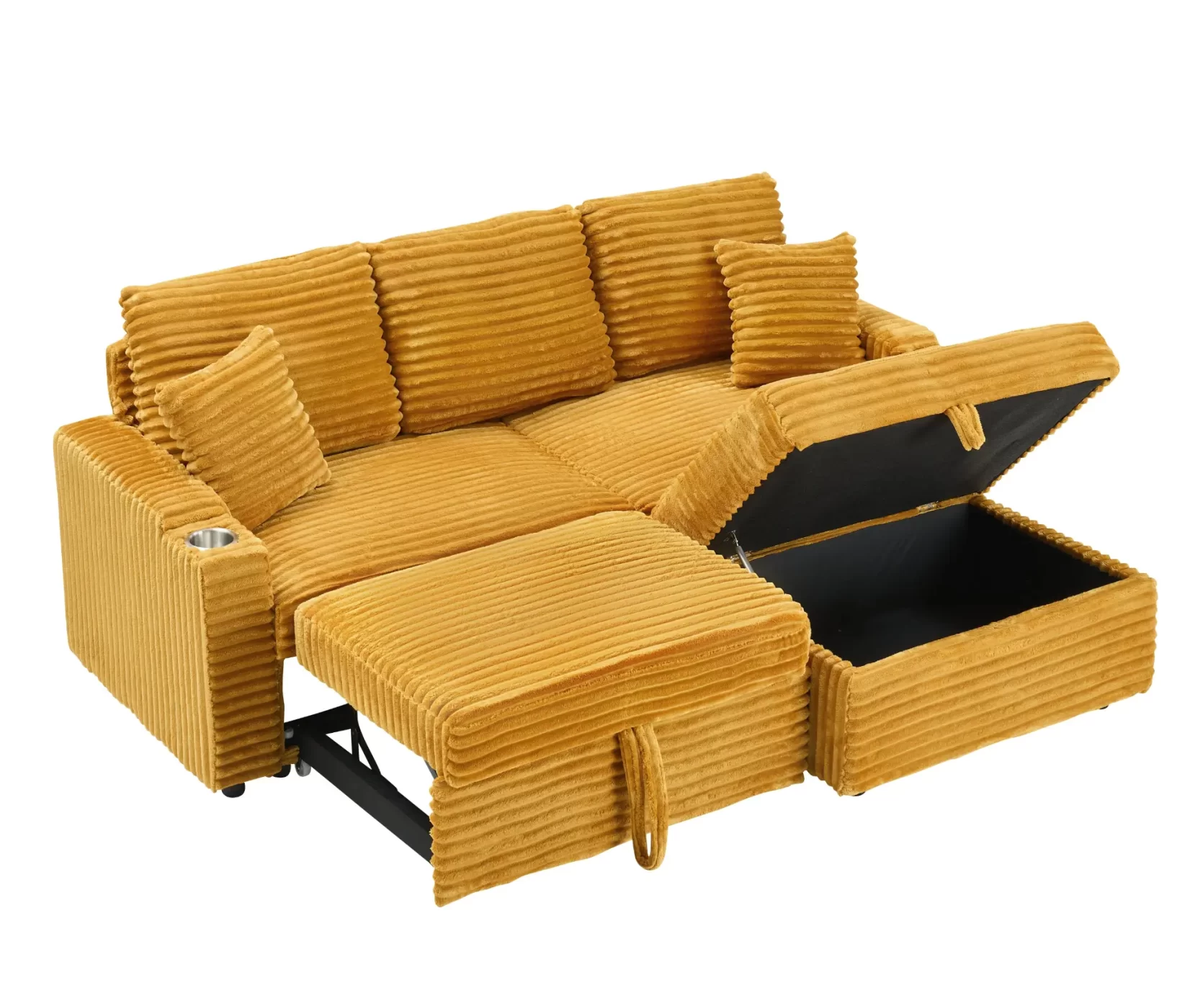 An 80-inch foldable and hidden chaise longue orange corduroy sofa with cup holders on the armrests, a footrest and storage function, which is suitable for the bedroom and living room.
