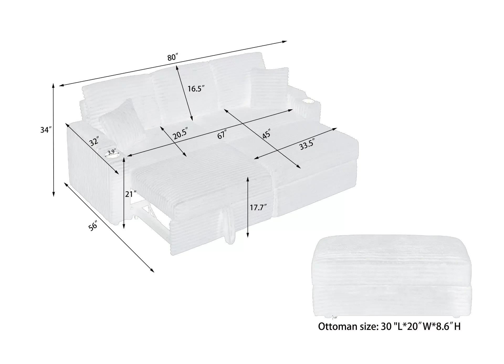 An 80-inch foldable and hidden chaise longue orange corduroy sofa with cup holders on the armrests, a footrest and storage function, which is suitable for the bedroom and living room.