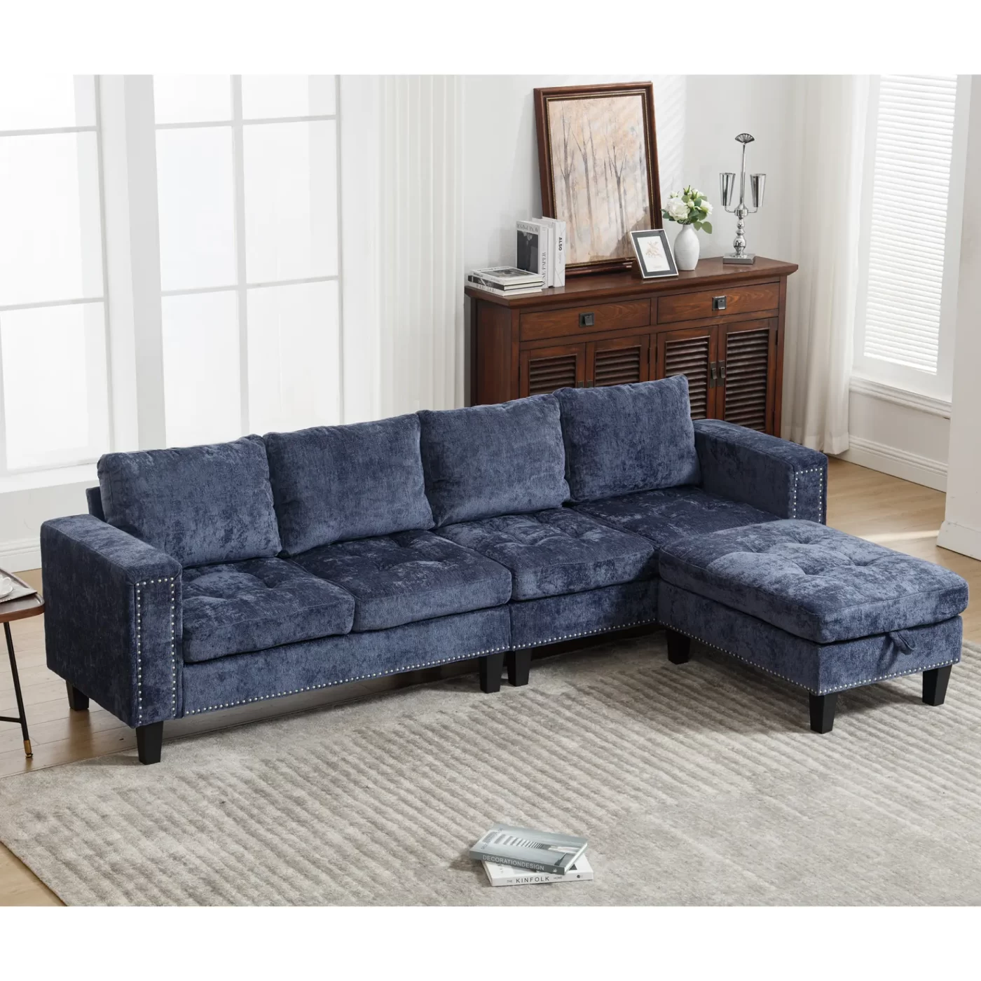 5 Seat Modular Sofa,with Storage Ottoman, Convertible Sectional Sofa, L Shaped Couch , Reversible Chaise ,Riveted sofa,Chenille, Blue