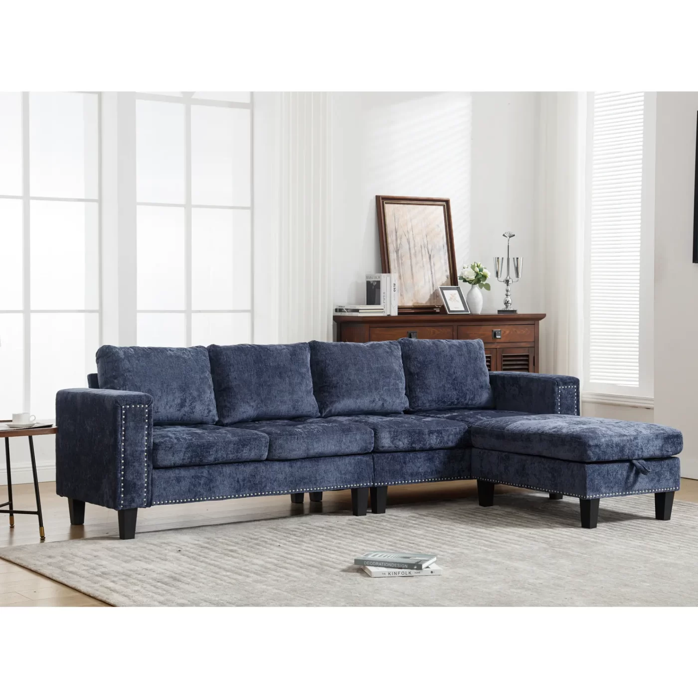 5 Seat Modular Sofa,with Storage Ottoman, Convertible Sectional Sofa, L Shaped Couch , Reversible Chaise ,Riveted sofa,Chenille, Blue
