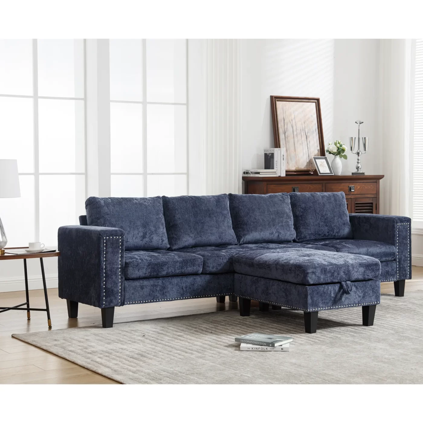 5 Seat Modular Sofa,with Storage Ottoman, Convertible Sectional Sofa, L Shaped Couch , Reversible Chaise ,Riveted sofa,Chenille, Blue