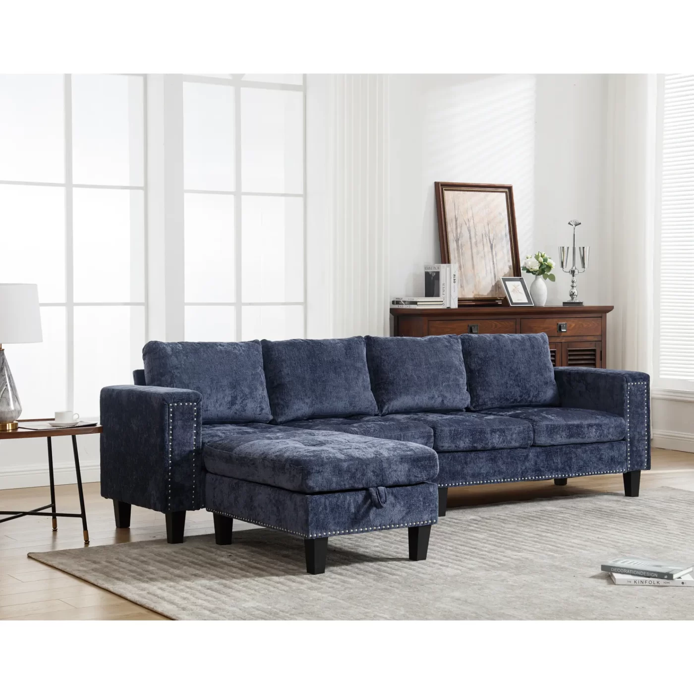 5 Seat Modular Sofa,with Storage Ottoman, Convertible Sectional Sofa, L Shaped Couch , Reversible Chaise ,Riveted sofa,Chenille, Blue