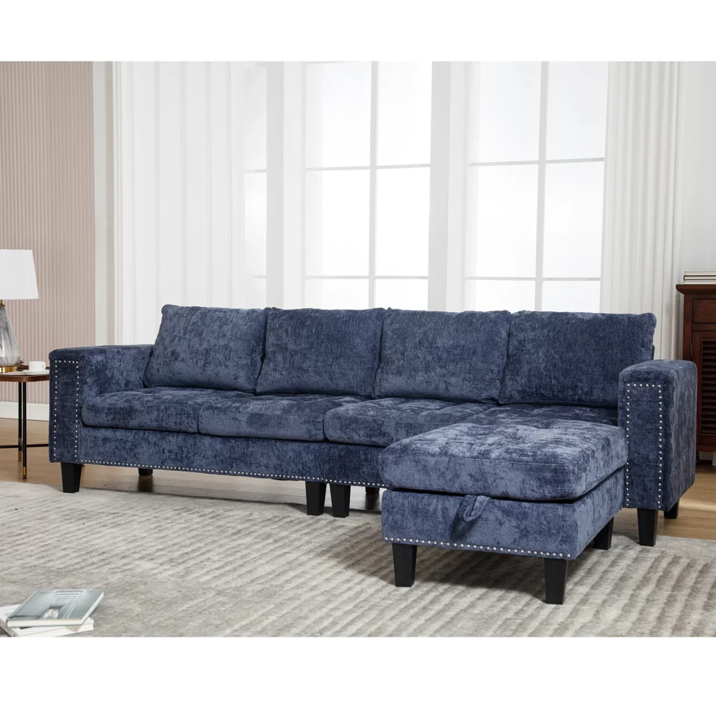 5 Seat Modular Sofa,with Storage Ottoman, Convertible Sectional Sofa, L Shaped Couch , Reversible Chaise ,Riveted sofa,Chenille, Blue