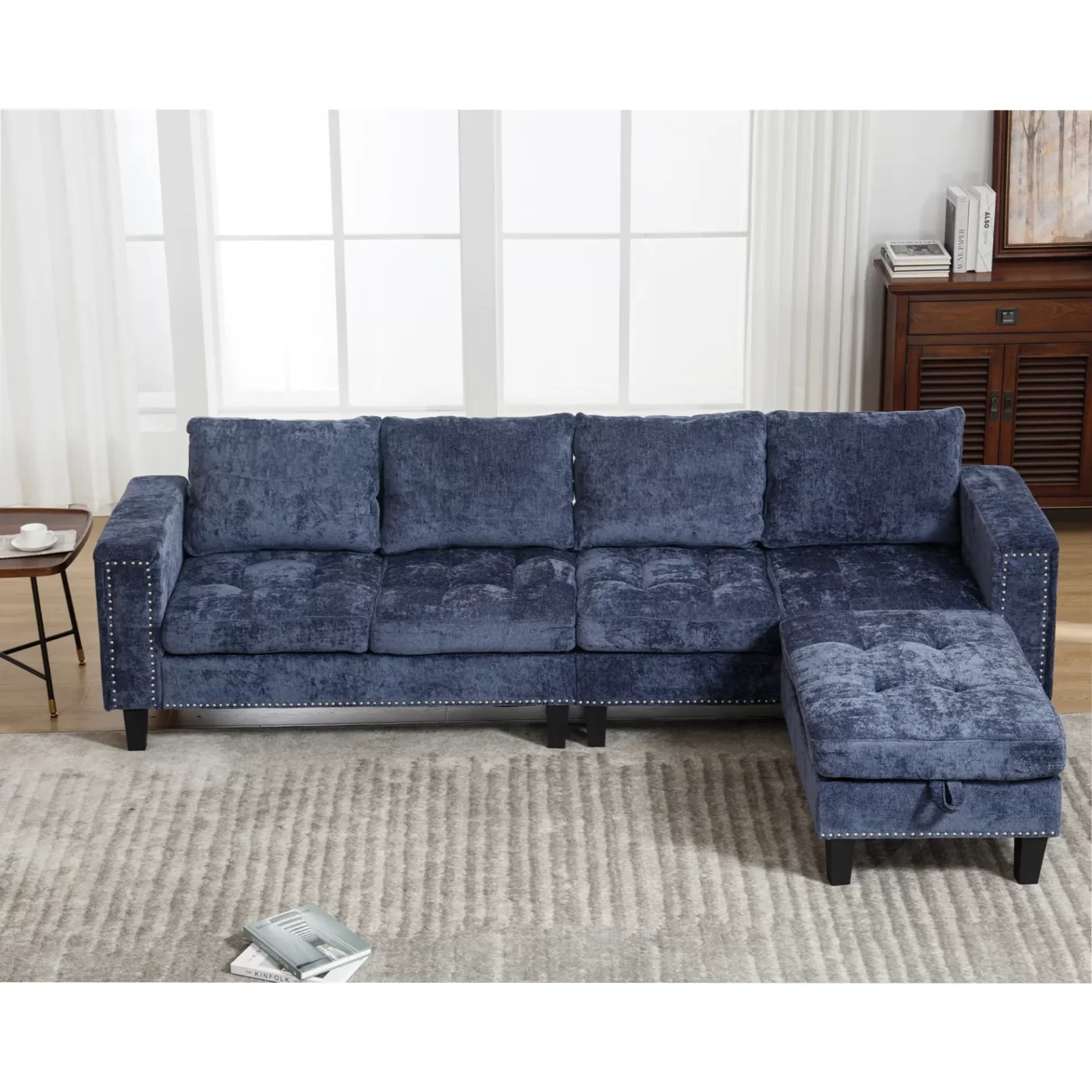 5 Seat Modular Sofa,with Storage Ottoman, Convertible Sectional Sofa, L Shaped Couch , Reversible Chaise ,Riveted sofa,Chenille, Blue