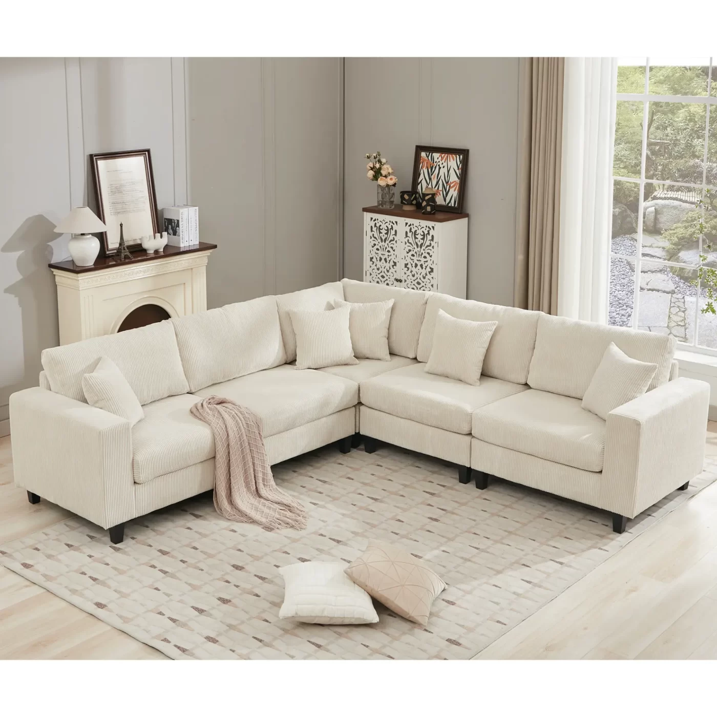 Oversized Modular Sectional Sofa Set, L Shaped Couch,Corduroy ,Upholstered,Deep Seat,,5 Seat,5 Throw pillow and 6 back cushion,Living Room, Apartment ,Beige