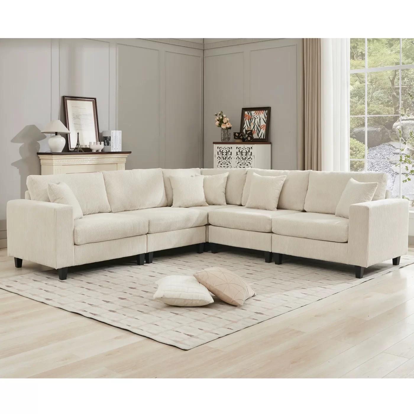 Oversized Modular Sectional Sofa Set, L Shaped Couch,Corduroy ,Upholstered,Deep Seat,,5 Seat,5 Throw pillow and 6 back cushion,Living Room, Apartment ,Beige