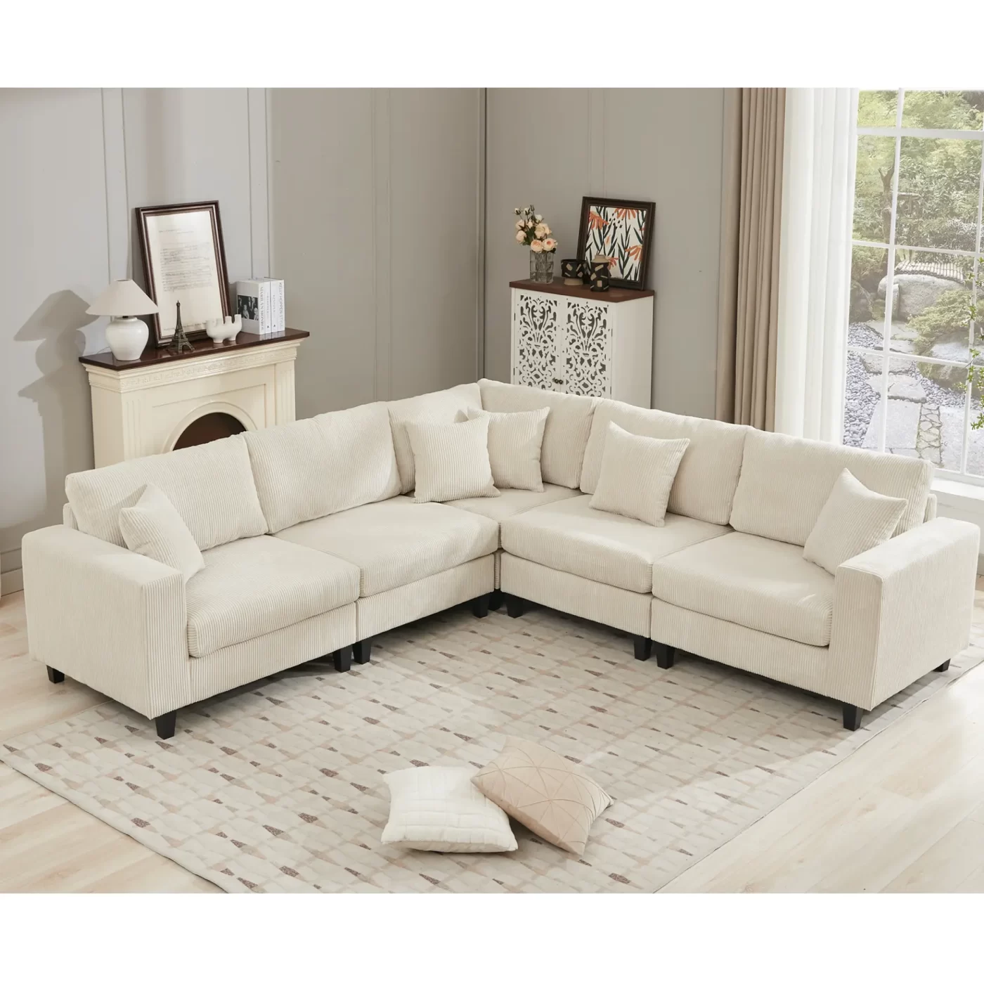 Oversized Modular Sectional Sofa Set, L Shaped Couch,Corduroy ,Upholstered,Deep Seat,,5 Seat,5 Throw pillow and 6 back cushion,Living Room, Apartment ,Beige