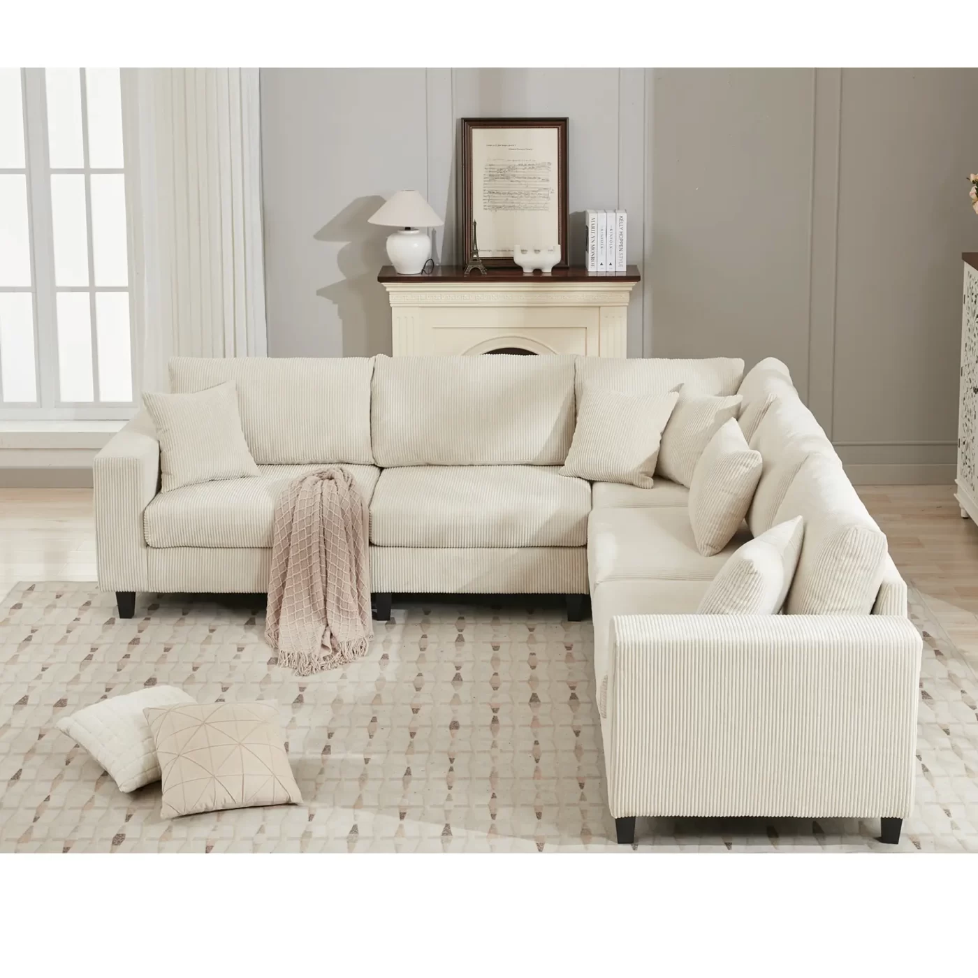 Oversized Modular Sectional Sofa Set, L Shaped Couch,Corduroy ,Upholstered,Deep Seat,,5 Seat,5 Throw pillow and 6 back cushion,Living Room, Apartment ,Beige