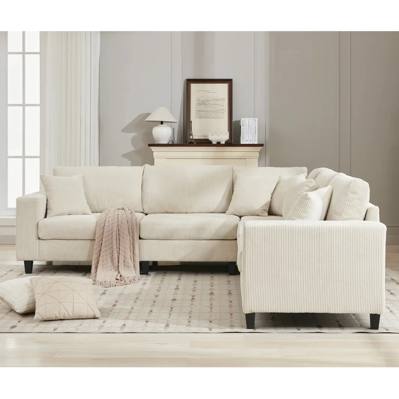 Oversized Modular Sectional Sofa Set, L Shaped Couch,Corduroy ,Upholstered,Deep Seat,,5 Seat,5 Throw pillow and 6 back cushion,Living Room, Apartment ,Beige