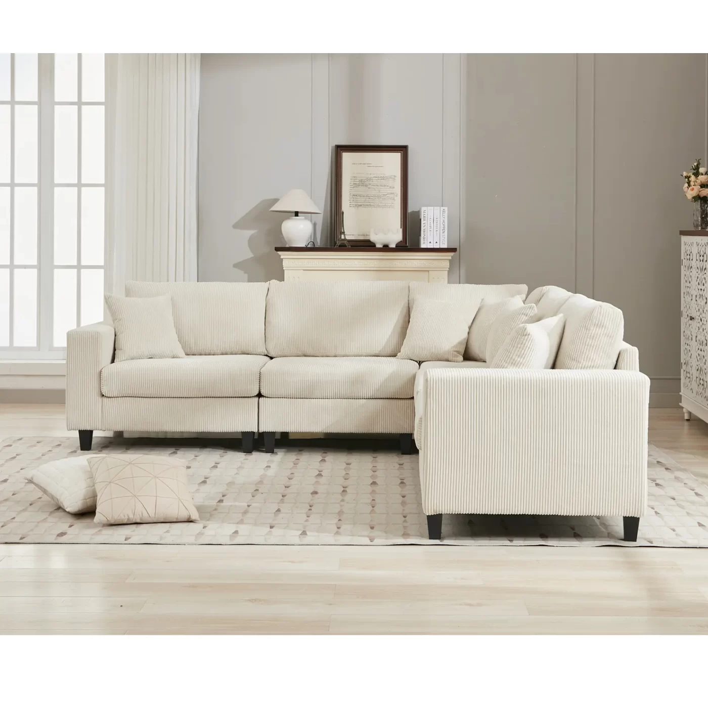 Oversized Modular Sectional Sofa Set, L Shaped Couch,Corduroy ,Upholstered,Deep Seat,,5 Seat,5 Throw pillow and 6 back cushion,Living Room, Apartment ,Beige