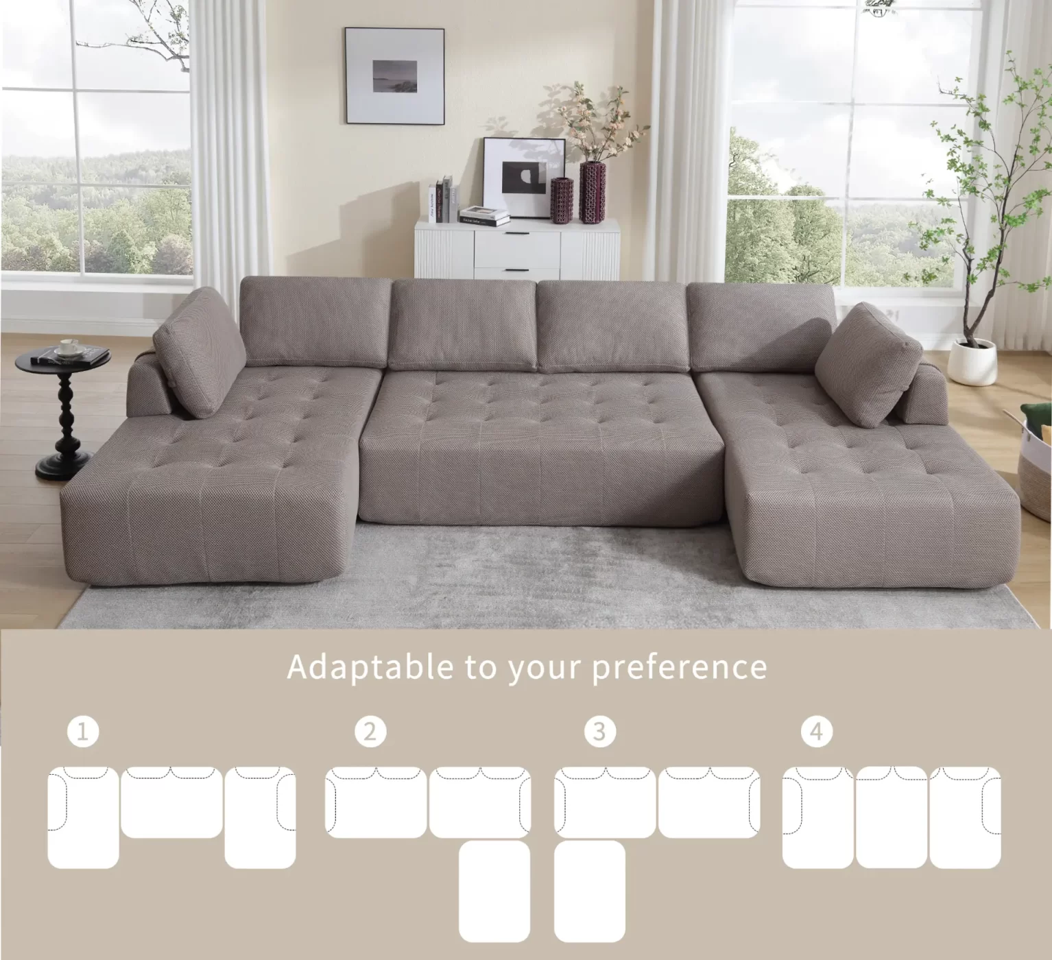 138.5 "Modular Combination Sofa, U-shaped Sofa, Living Room, Apartment, Upholstered ,6-seat Sofa, Free Combination Sofa (Mesh Fabric), Breathable Fabric, Gray