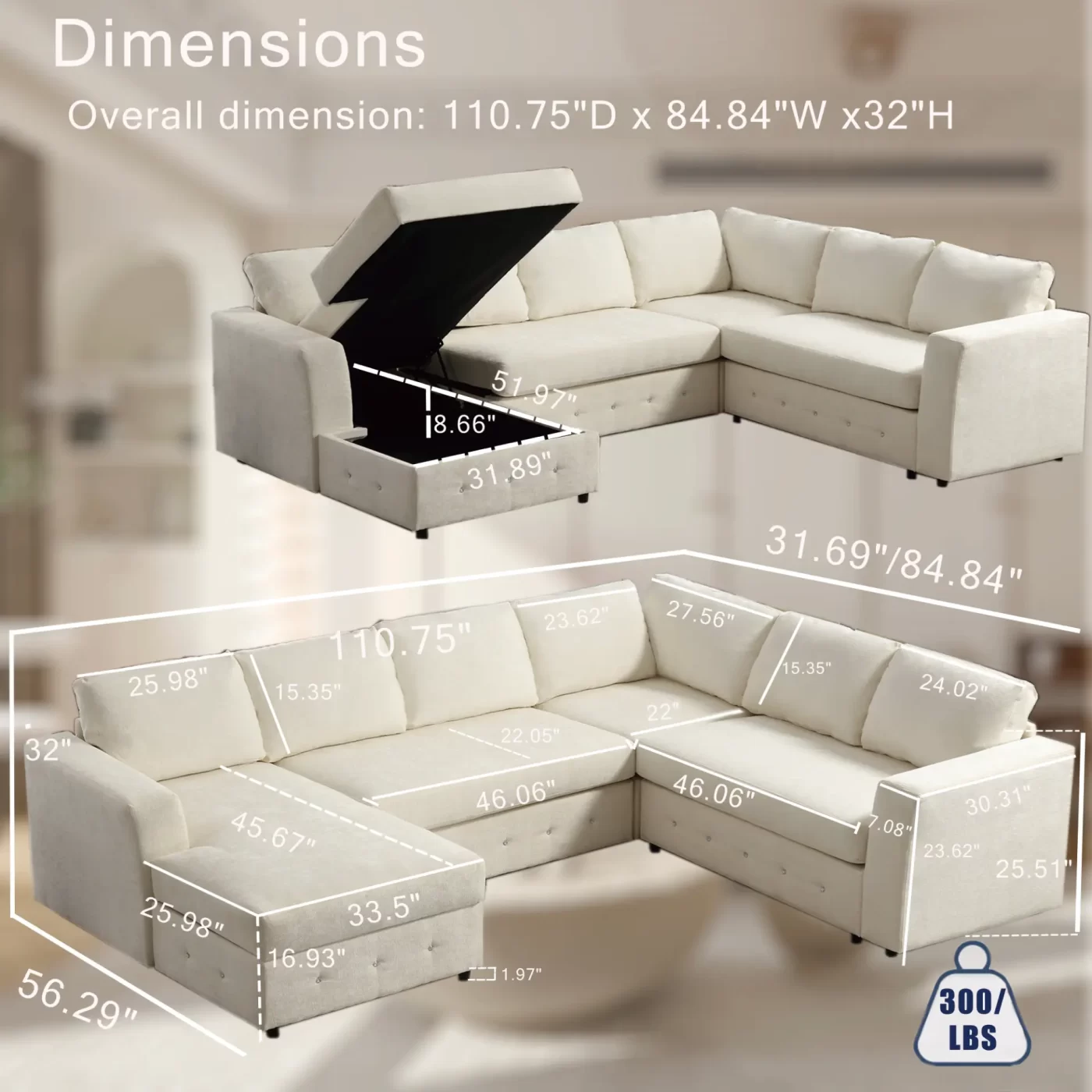 110.75" Sectional Sofa,Oversized modular sofa,Chaise Storage, Modern U Shaped Couch , Upholstered Sofas,Chenille,Crystal button , Living Room, Apartment, Beige