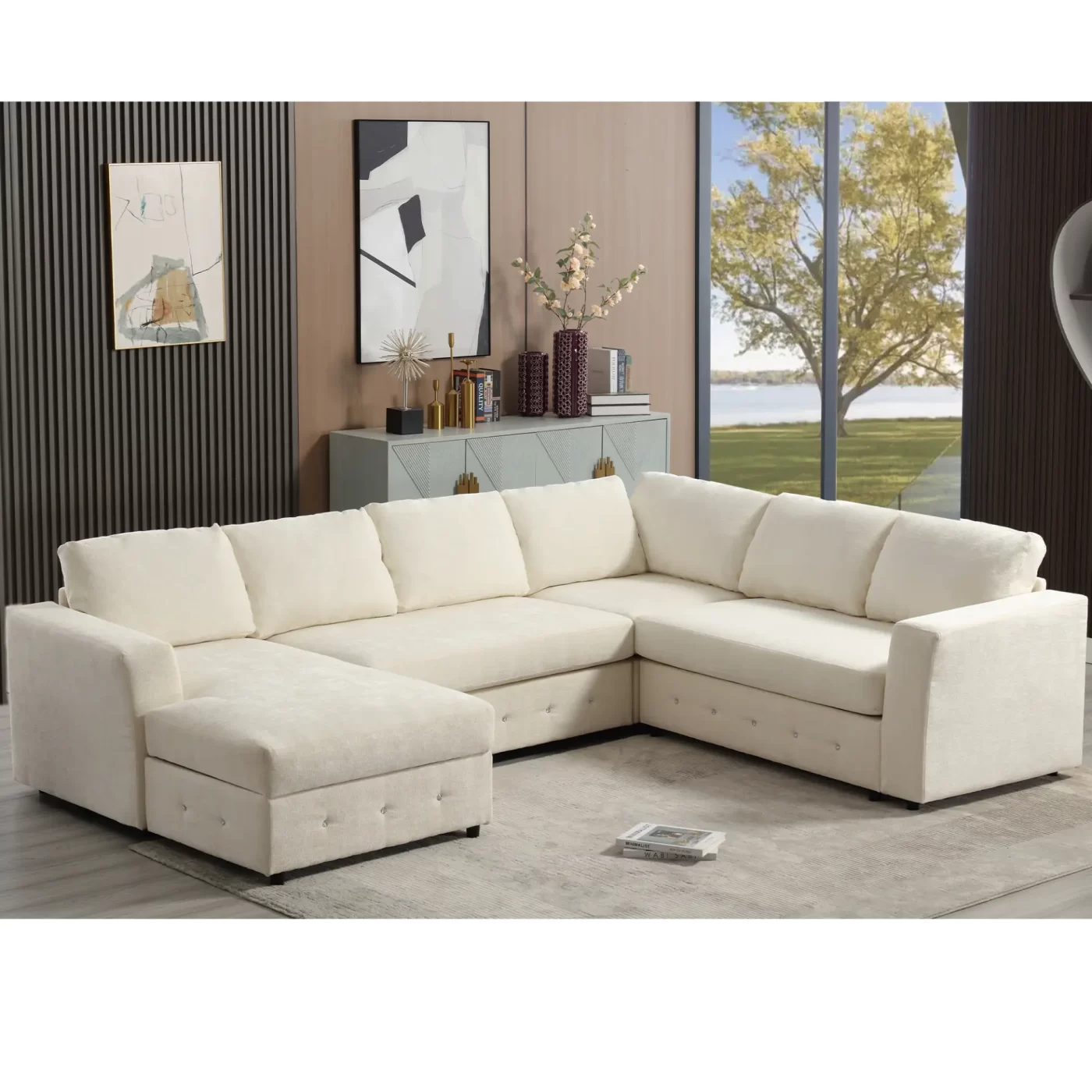 110.75" Sectional Sofa,Oversized modular sofa,Chaise Storage, Modern U Shaped Couch , Upholstered Sofas,Chenille,Crystal button , Living Room, Apartment, Beige