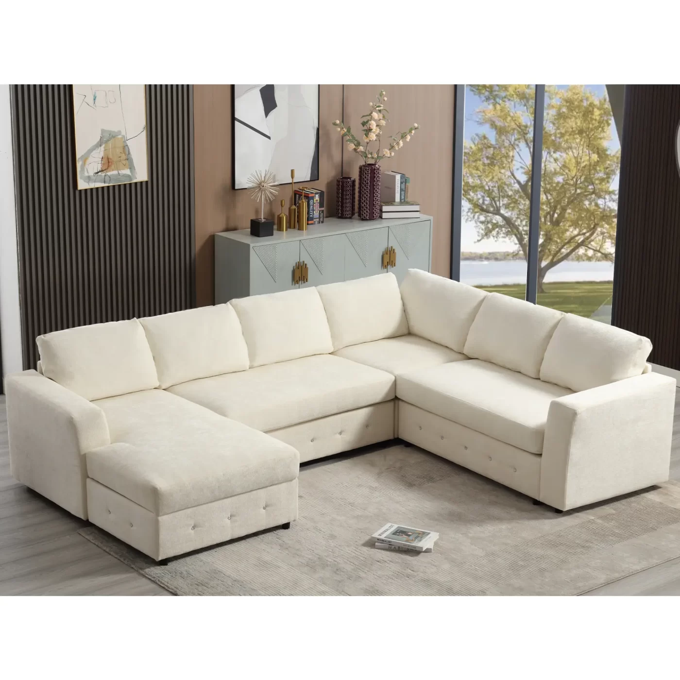 110.75" Sectional Sofa,Oversized modular sofa,Chaise Storage, Modern U Shaped Couch , Upholstered Sofas,Chenille,Crystal button , Living Room, Apartment, Beige