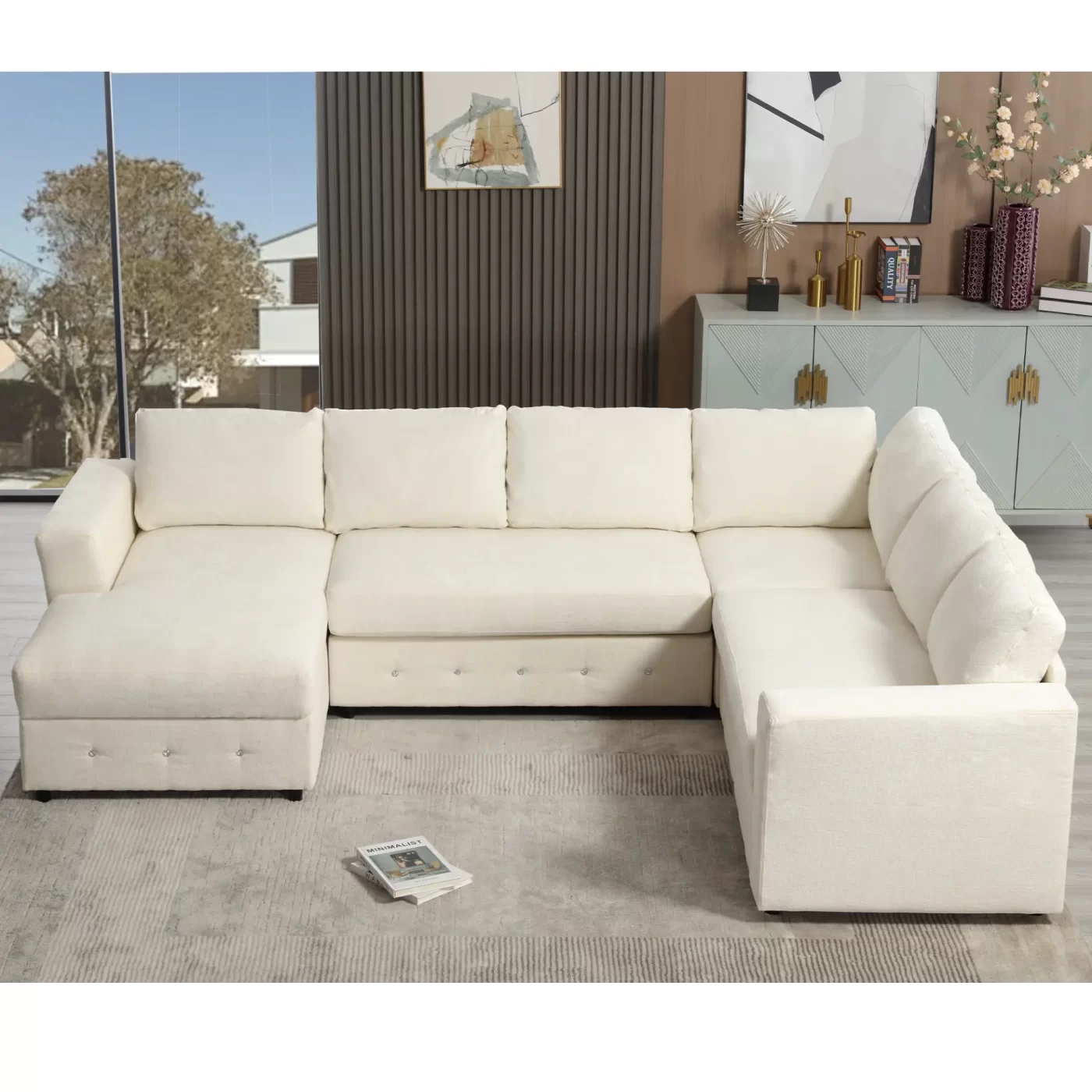 110.75" Sectional Sofa,Oversized modular sofa,Chaise Storage, Modern U Shaped Couch , Upholstered Sofas,Chenille,Crystal button , Living Room, Apartment, Beige