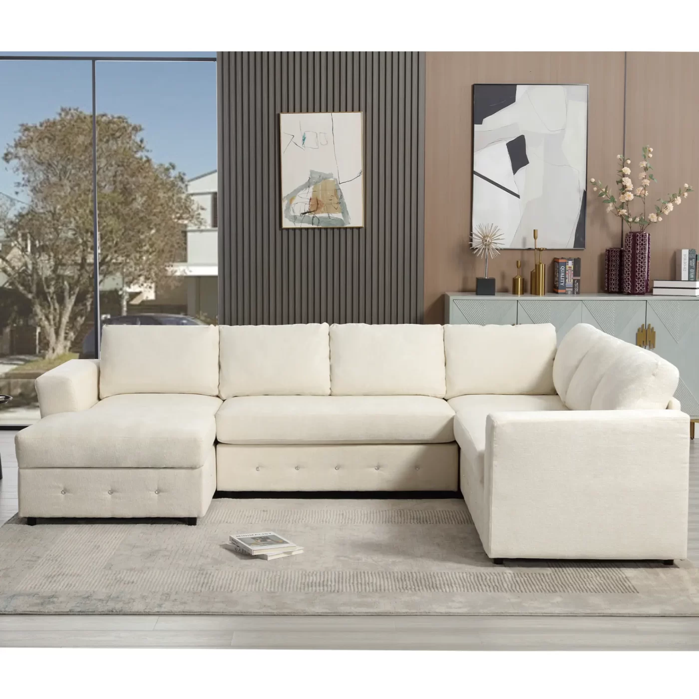 110.75" Sectional Sofa,Oversized modular sofa,Chaise Storage, Modern U Shaped Couch , Upholstered Sofas,Chenille,Crystal button , Living Room, Apartment, Beige
