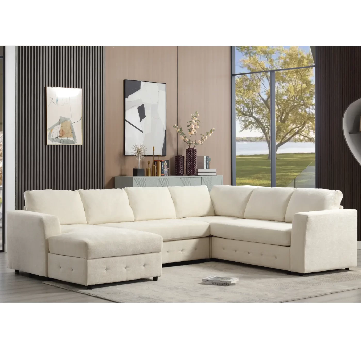 110.75" Sectional Sofa,Oversized modular sofa,Chaise Storage, Modern U Shaped Couch , Upholstered Sofas,Chenille,Crystal button , Living Room, Apartment, Beige