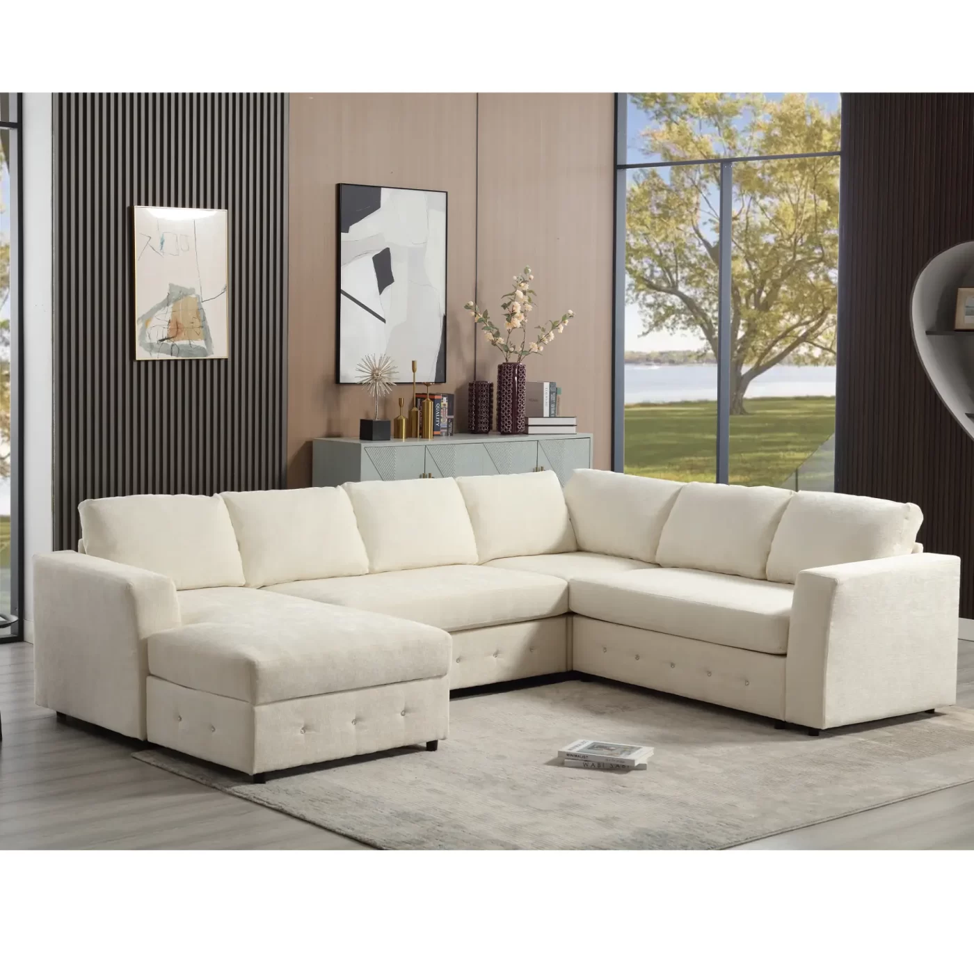 110.75" Sectional Sofa,Oversized modular sofa,Chaise Storage, Modern U Shaped Couch , Upholstered Sofas,Chenille,Crystal button , Living Room, Apartment, Beige