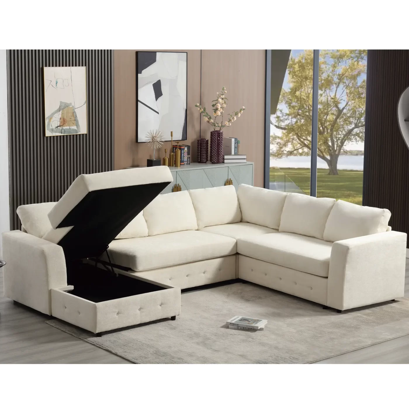 110.75" Sectional Sofa,Oversized modular sofa,Chaise Storage, Modern U Shaped Couch , Upholstered Sofas,Chenille,Crystal button , Living Room, Apartment, Beige