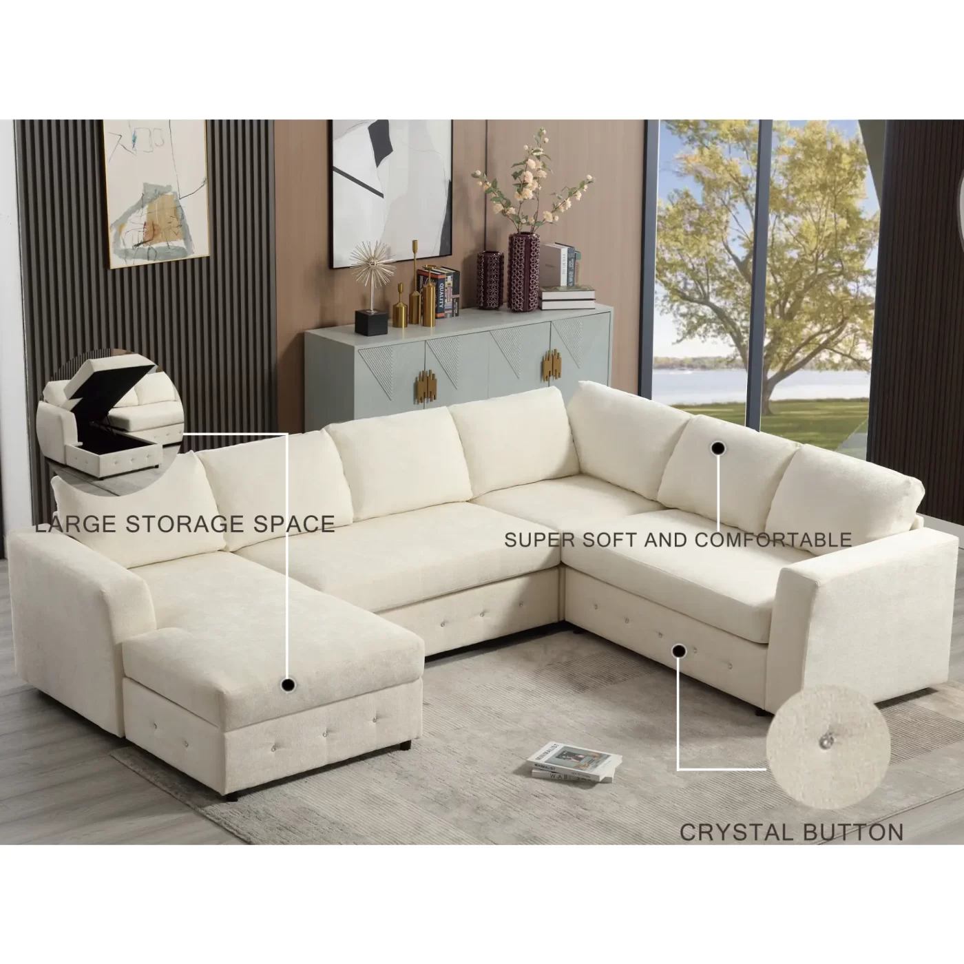 110.75" Sectional Sofa,Oversized modular sofa,Chaise Storage, Modern U Shaped Couch , Upholstered Sofas,Chenille,Crystal button , Living Room, Apartment, Beige