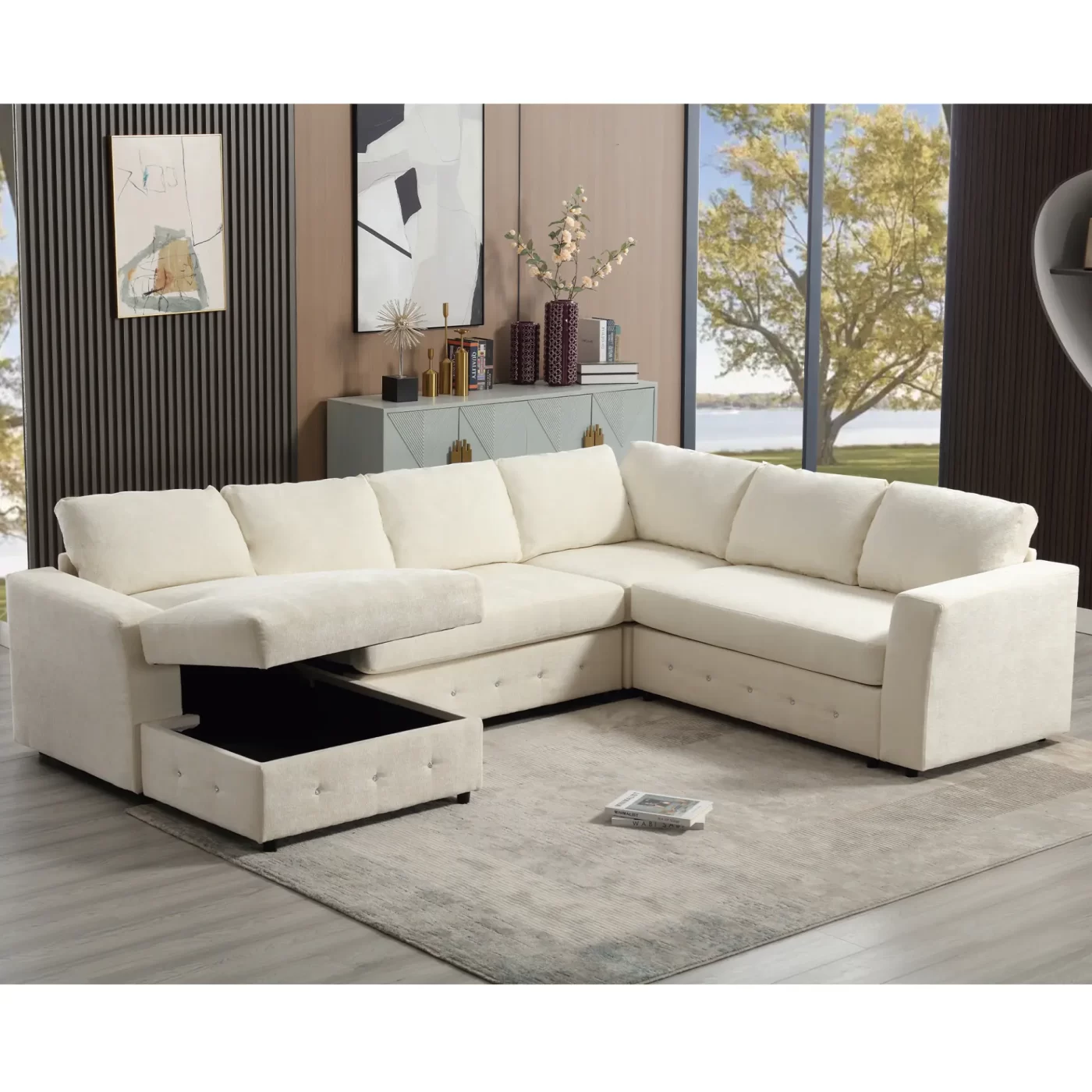 110.75" Sectional Sofa,Oversized modular sofa,Chaise Storage, Modern U Shaped Couch , Upholstered Sofas,Chenille,Crystal button , Living Room, Apartment, Beige