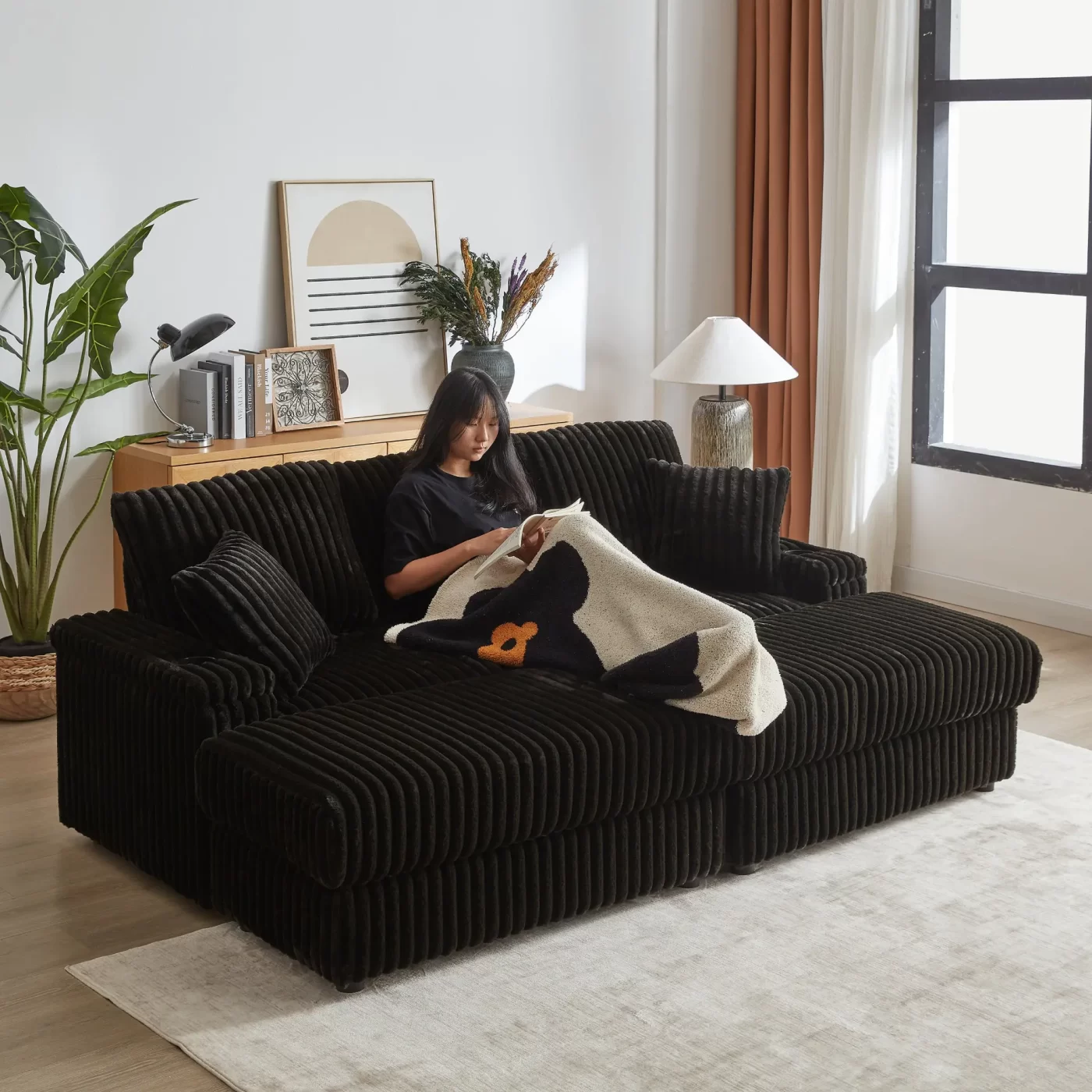 84Inch Corduroy 3-seater sofa With 3 back pillows ,2 toss pillows , a ottoman ,2storage spaces and cup-holding grooves Comfy Sofa- Deep Seat Couch for Living Room