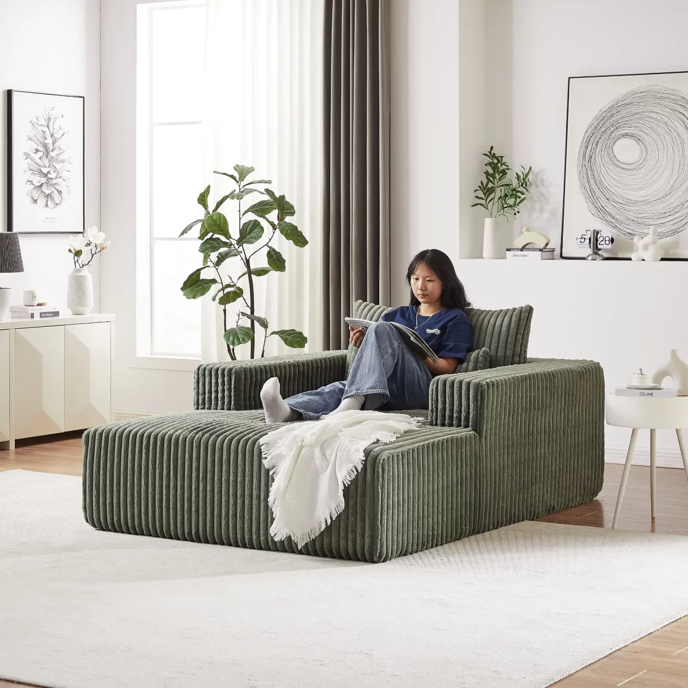 75-Inch Corduroy Sponge Sofa Lounge Chair,No Assembly Required,Fluffy Modern Sleeper Chair for Indoor Living Room Bedroom