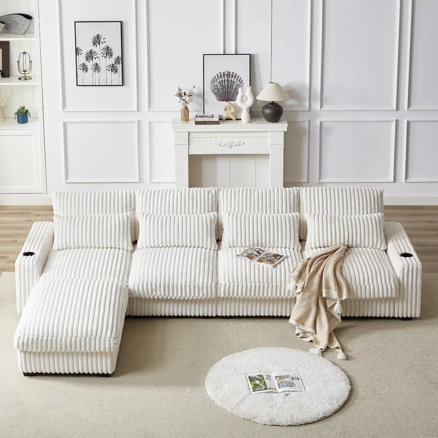 126-inch Corduroy With Cup Holder Super Large L-Shaped Sofa, Movable Footrest, Four Waist Pillows And Four Back Cushion, With USB Port And Type-C Port