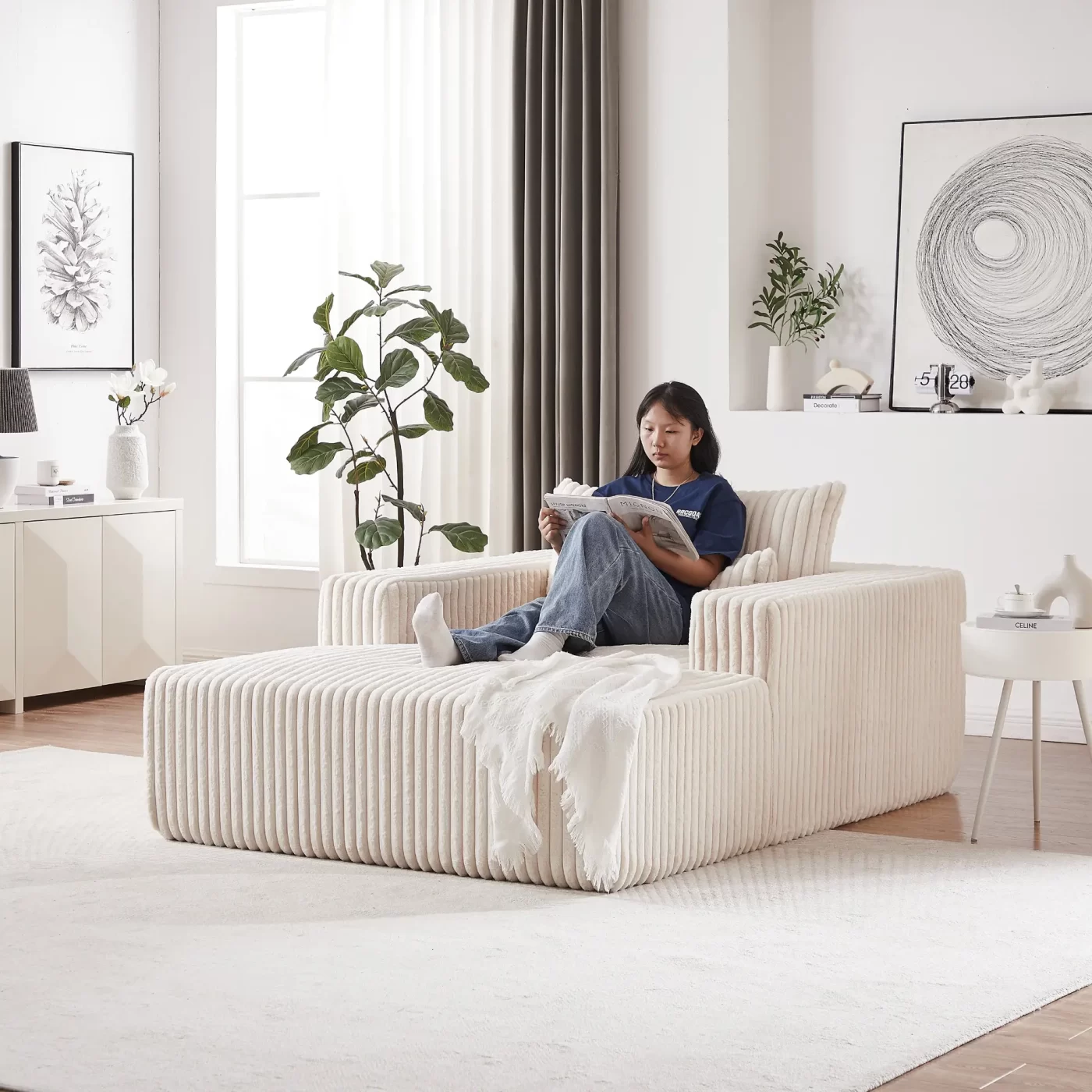 75-Inch Corduroy Sponge Sofa Lounge Chair,No Assembly Required,Fluffy Modern Sleeper Chair for Indoor Living Room Bedroom