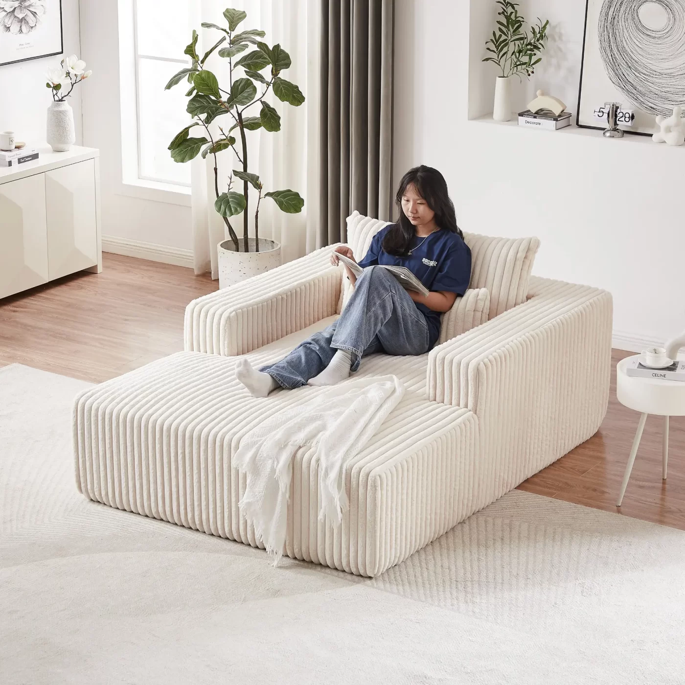 75-Inch Corduroy Sponge Sofa Lounge Chair,No Assembly Required,Fluffy Modern Sleeper Chair for Indoor Living Room Bedroom