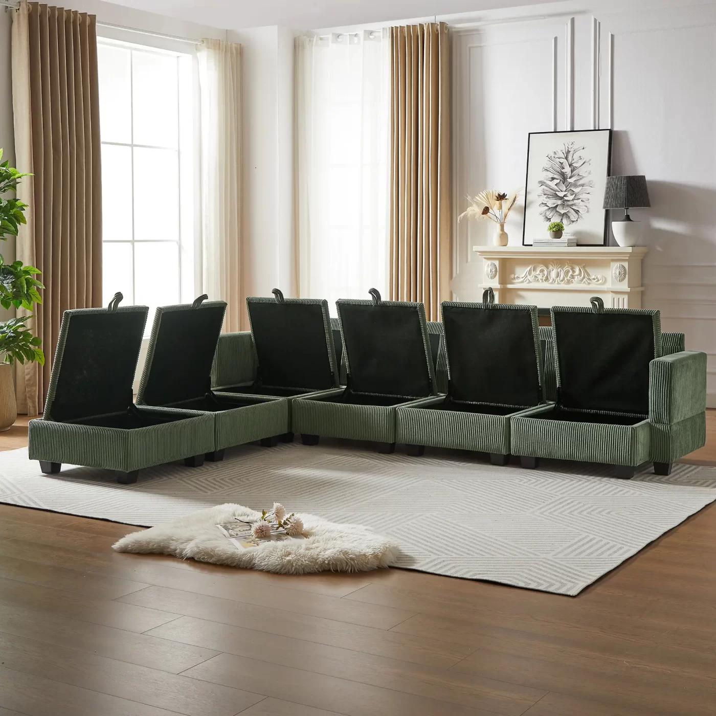 113.5'' Modular Sectiona Corduroy Sofa, Sectional Couches for Living Room U Shaped Sectional Couch with Storage Ottoman, 6 Seats Convertible Sectionals with Chaise